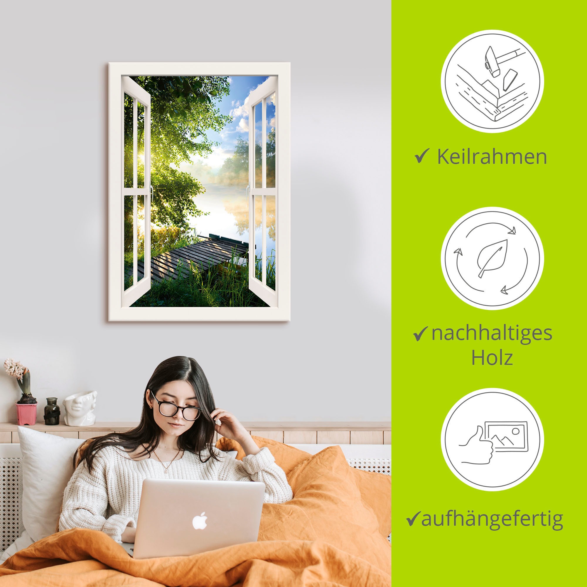 Artland Wandbild »Fensterblick Angelsteg am Fluss«, Fensterblick, (1 St.), als Alubild, Outdoorbild, Leinwandbild, Poster, Wandaufkleber