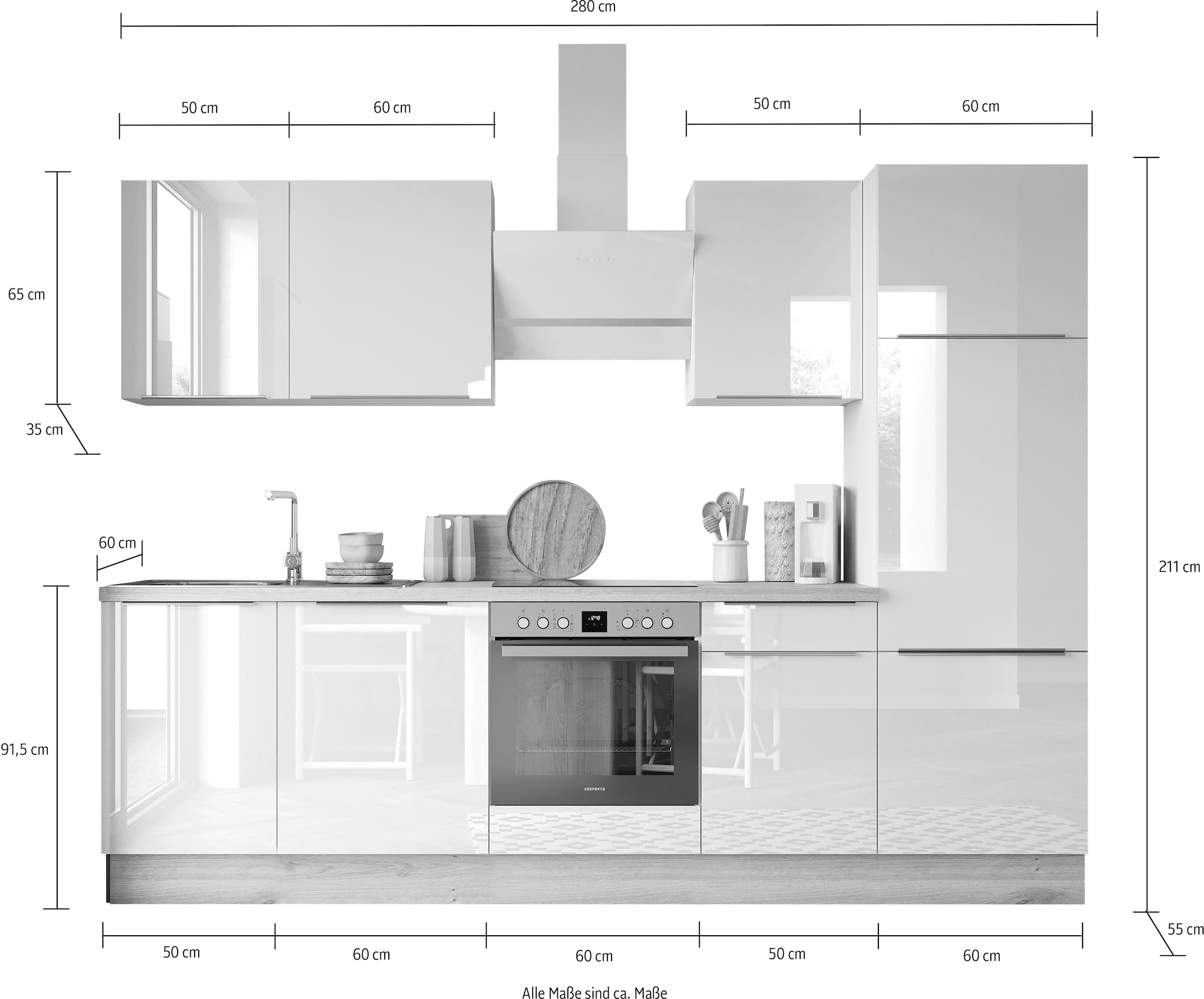 Küchenzeile der RESPEKTA bei OTTO »Safado Ausstattung Funktion Breite 280 aus Serie hochwertige wie Marleen«, cm, Close Soft