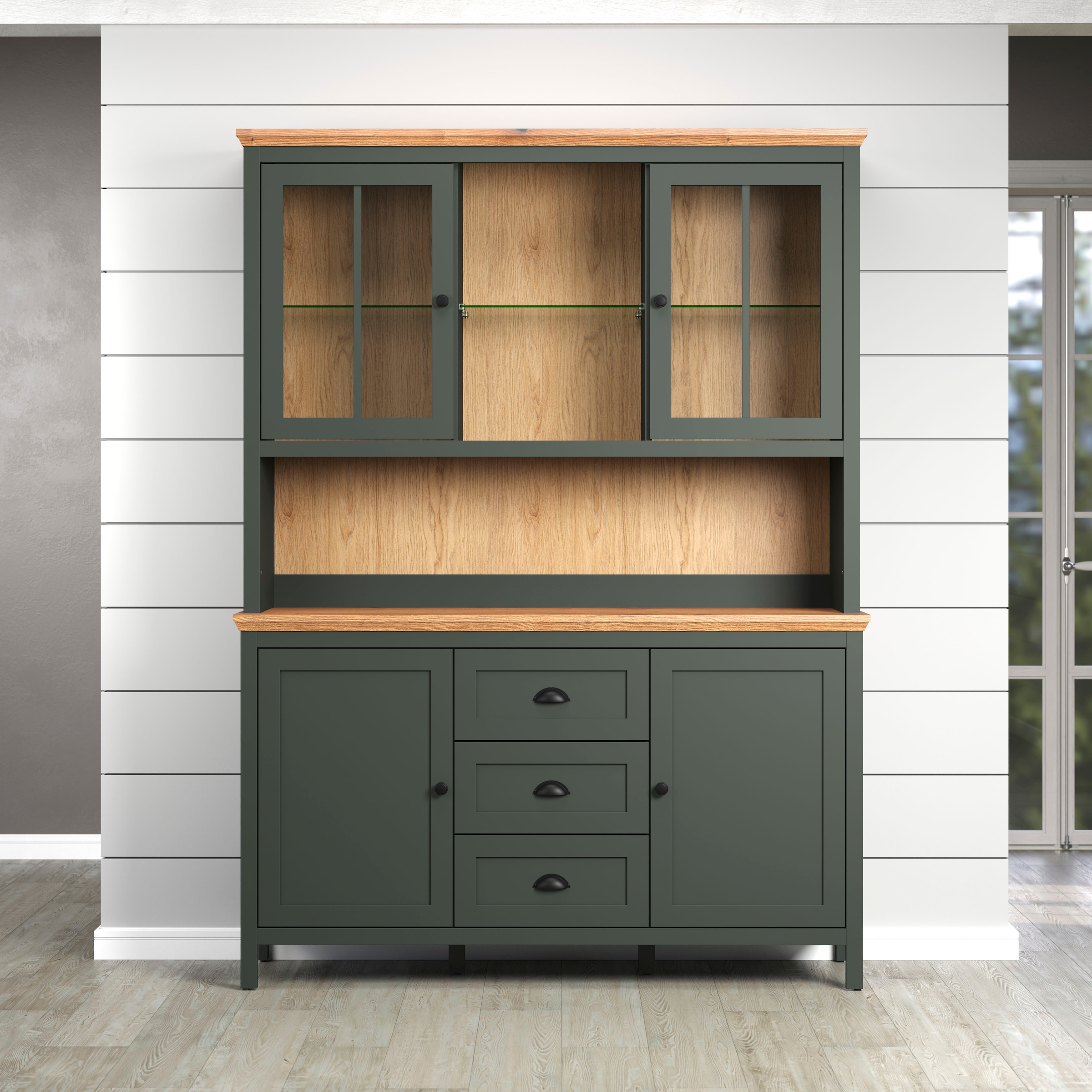 Home affaire Buffet »Vienna« Set, 2 Stk. tlg. Küchenbuffet im Landhausstil, inkl. Beleuchtung - (B/T/H) 146/39/112cm