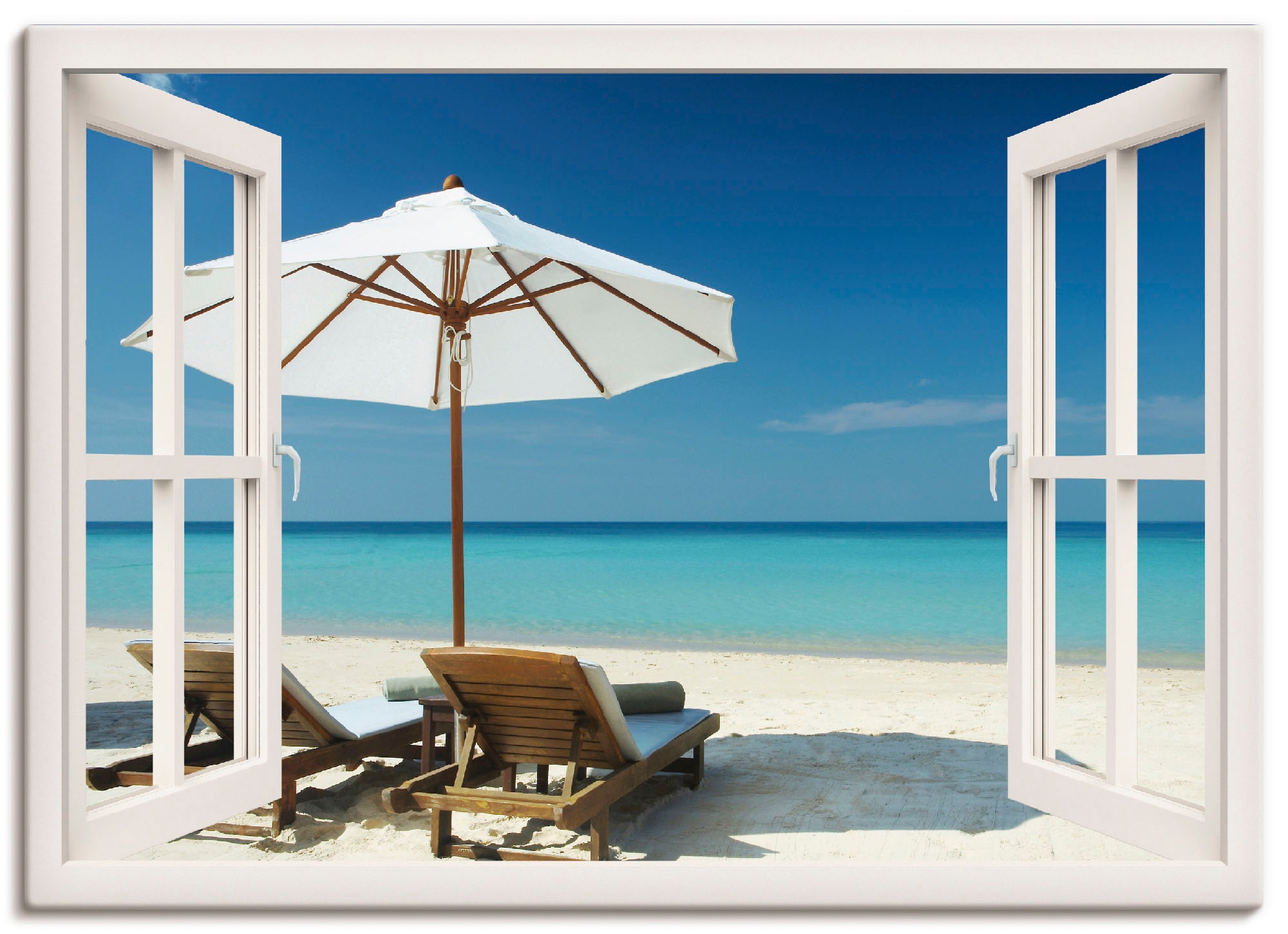 Artland Wandbild »Fensterblick - Zwei Liegestühle«, Fensterblick, (1 St.), in vielen Größen & Produktarten -Leinwandbild, Poster, Wandaufkleber / Wandtattoo auch für Badezimmer geeignet