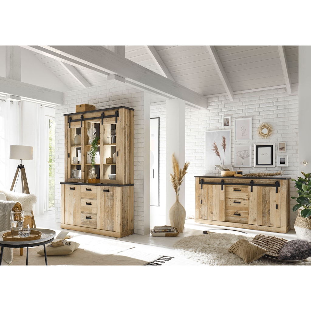 Premium collection by Home affaire Buffet »SHERWOOD«, in modernem Holz Dekor, mit Scheunentorbeschlag und Apothekergriffen aus Metall, Breite 133 cm