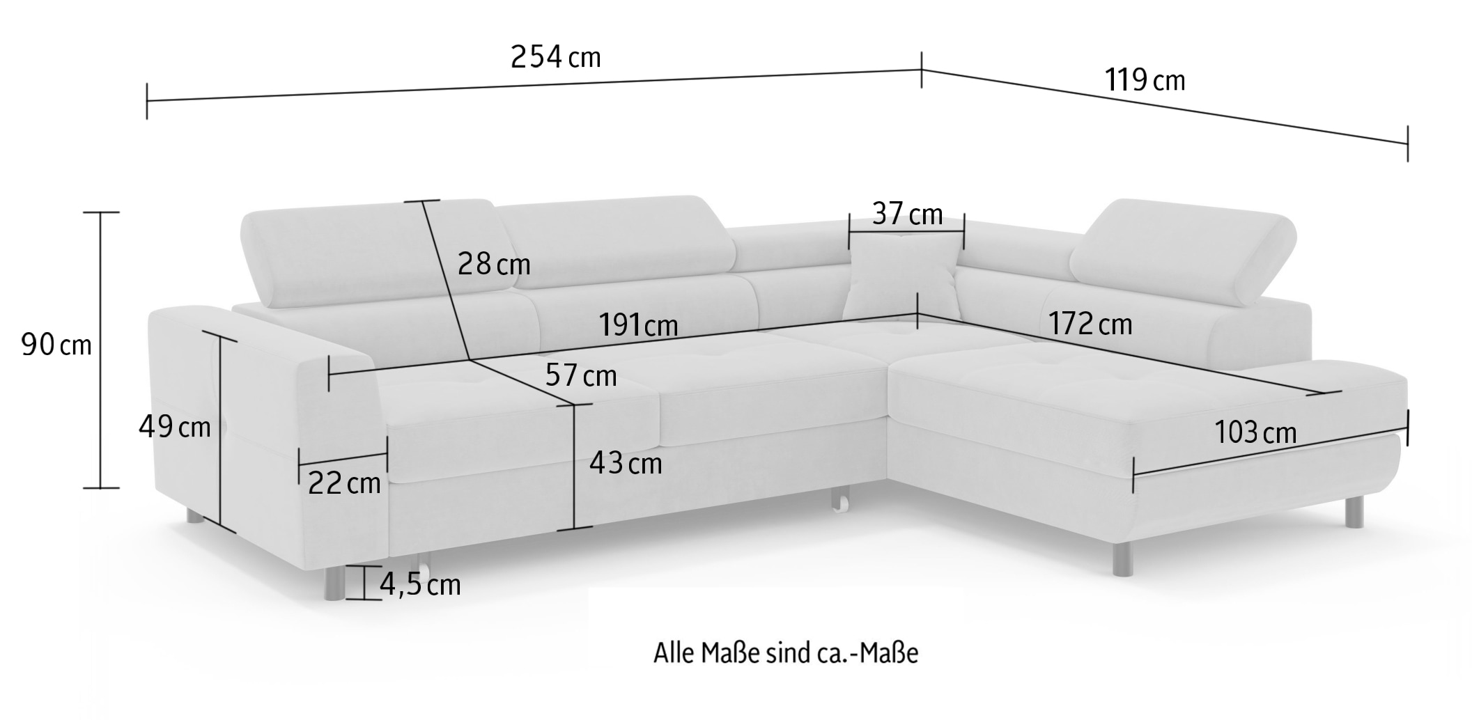 OTTO home Ecksofa »AADEN Schlafsofa mit verstellbaren Kopfstützen, B/T/H: 254/199/90 cm« mit Bettfunktion und Bettkasten, Ottomane rechts/links bestellbar
