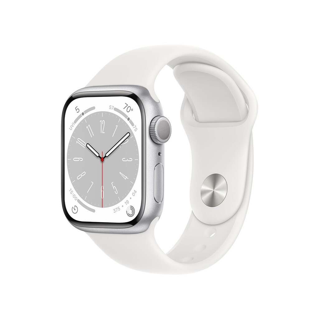 Apple Watch Series 8 GPS, 45 mm Aluminiumgehäuse Silber, Sportarmband Weiß