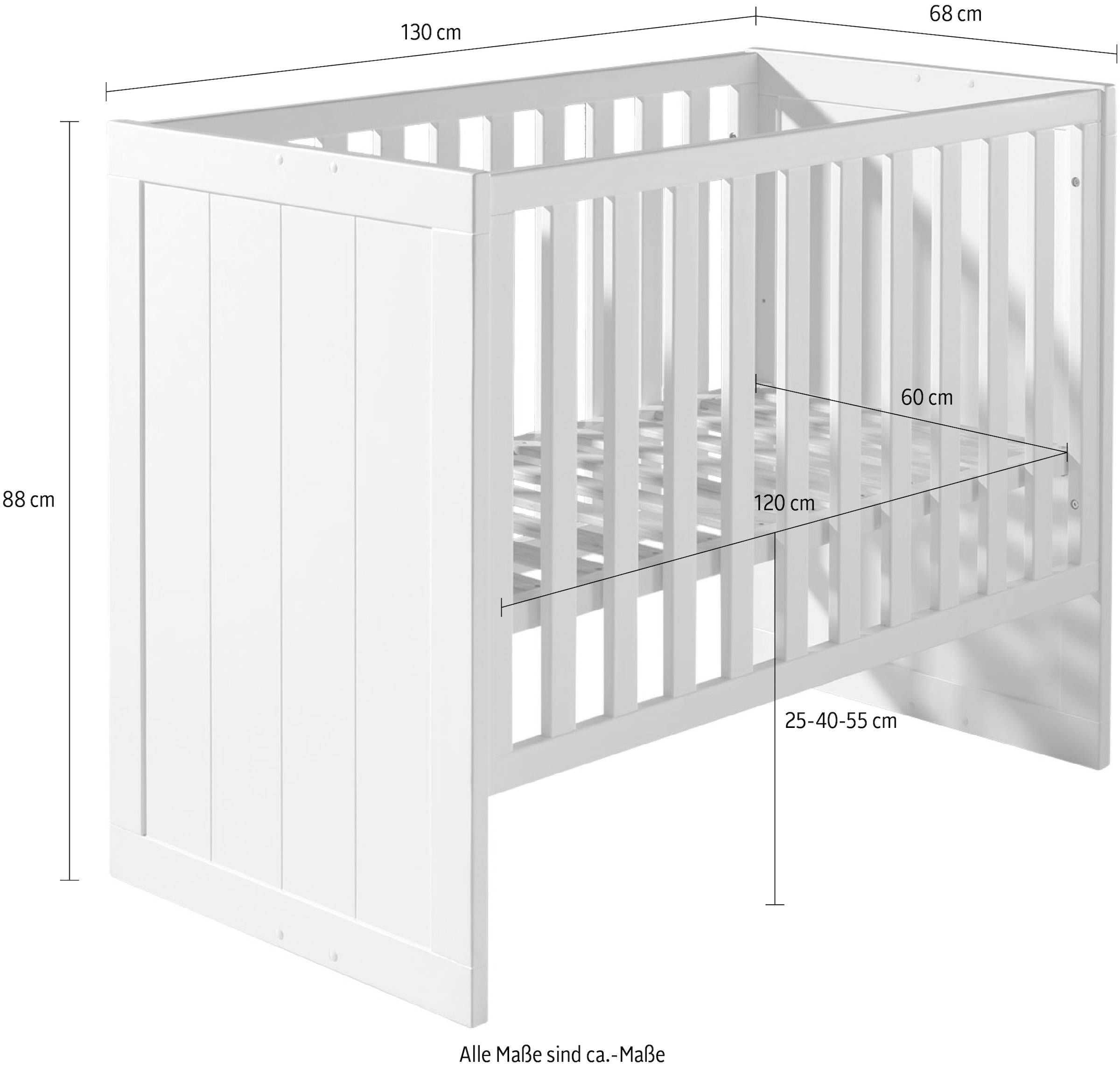 Vipack Babybett, Babybett mit Liegefläche 60 x 120 cm weiß lackiert