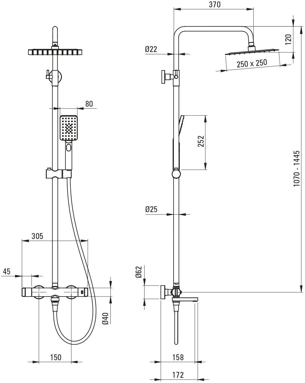 Deante Duschsystem »Duschbatterie, klappbarer Auslauf, thermostatisch, Nero-Beschichtung«, verstellbare Höhe, Einstellbereich: 107-144, Temperatursperre bei 38˚C