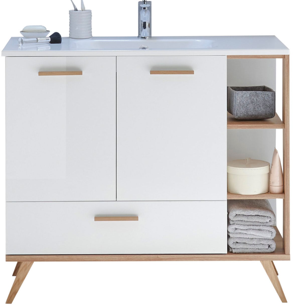 Saphir Badmöbel-Set »Quickset Mineralmarmor-Waschtisch mit LED-Spiegel, Unterschrank«, (7 St.), Hängeschrank, Hochschrank, 6 Türen, 2 Schubladen, 7 Glas-Einlegeböden