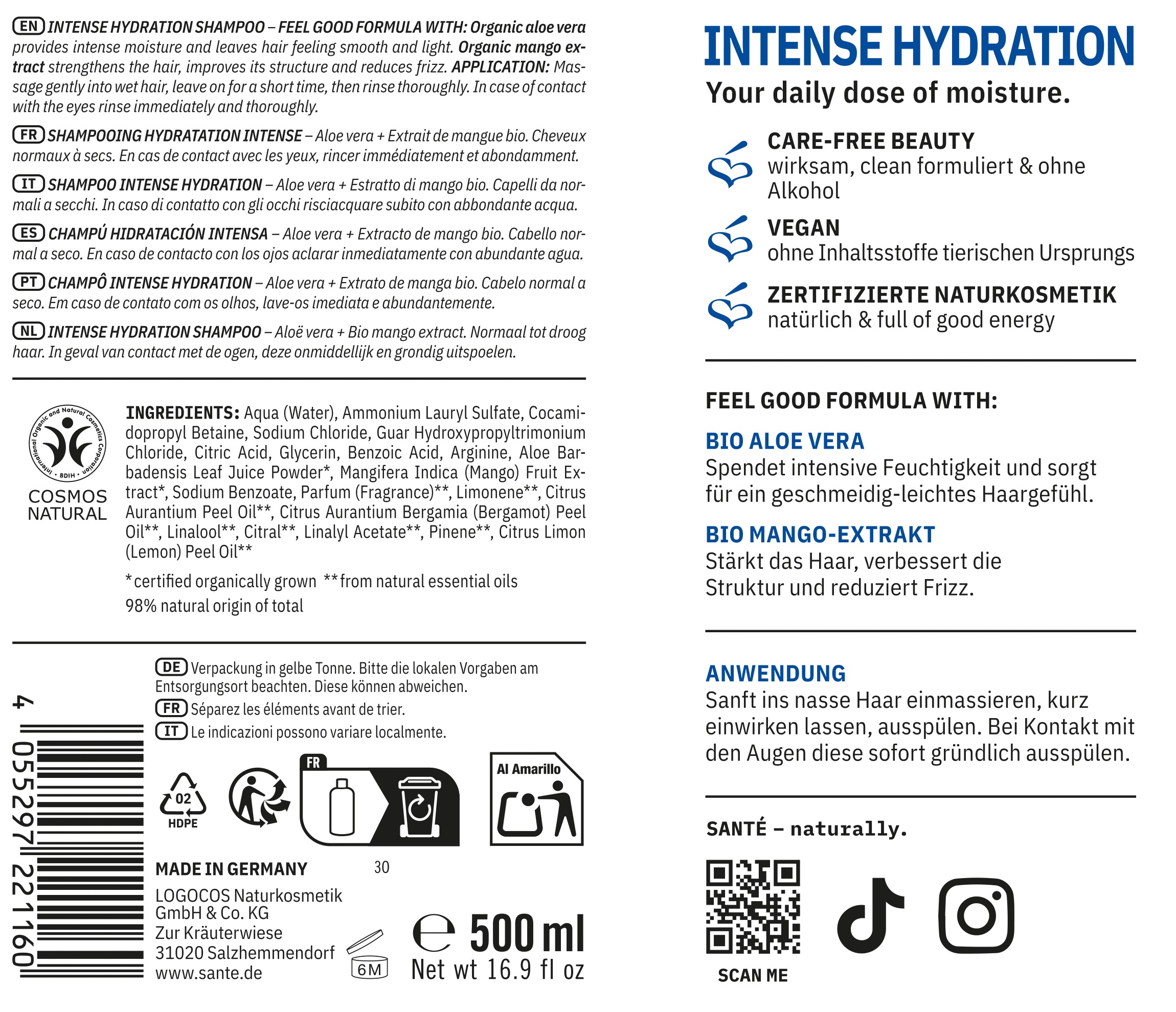 SANTE Haarshampoo »Intense Hydration Shampoo Aloe Vera + Mango-Extrakt« für normales bis trockenes Haar, mit Aloe Vera und Mango-Extrakt