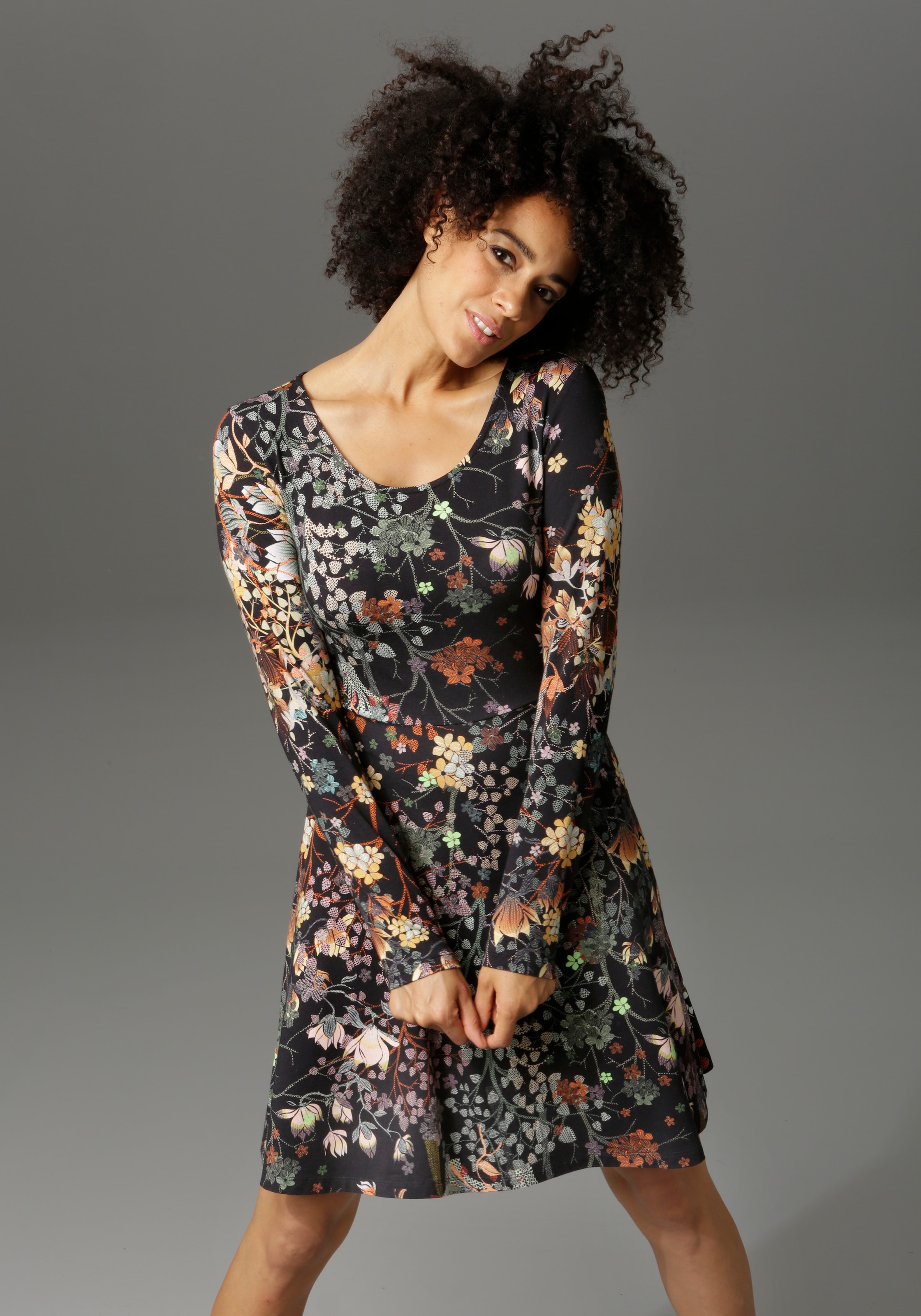 oder Jerseykleid, kaufen im uni mit Blumendruck Aniston Schwarz CASUAL OTTO in Online Shop