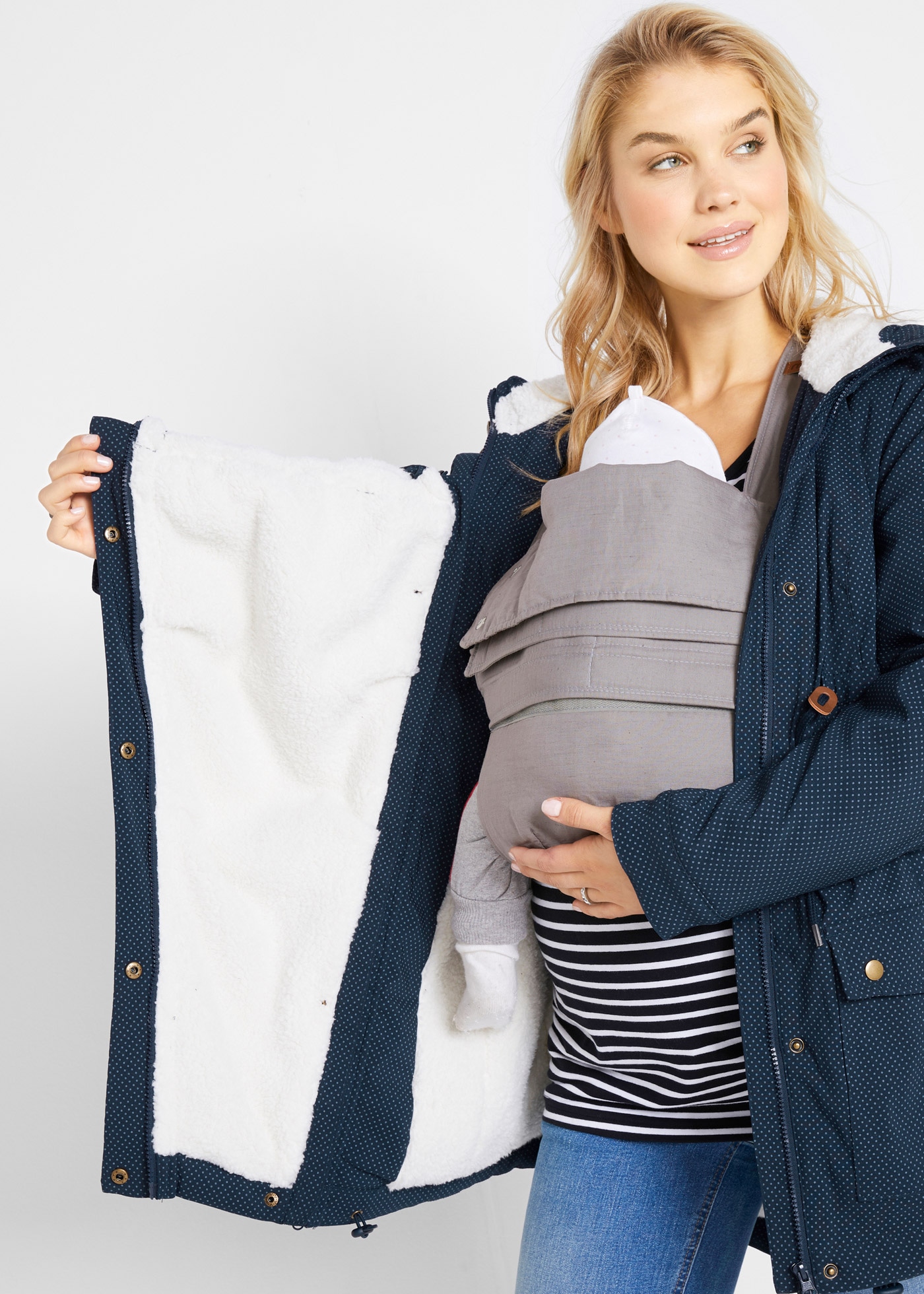 bonprix Umstandsjacke mit Kapuze mit abnehmbarem Trageeinsatz mit Kapuze, figurbetonte Passform