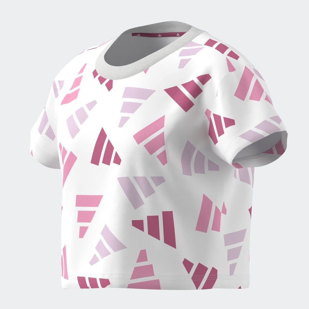 adidas Sportswear T-Shirt »SEASONAL ESSENTIALS LOGO CELEBRATION KIDS CROP« für Kinder, sportlicher Stil, Allover-Logoprint, aus Baumwolle