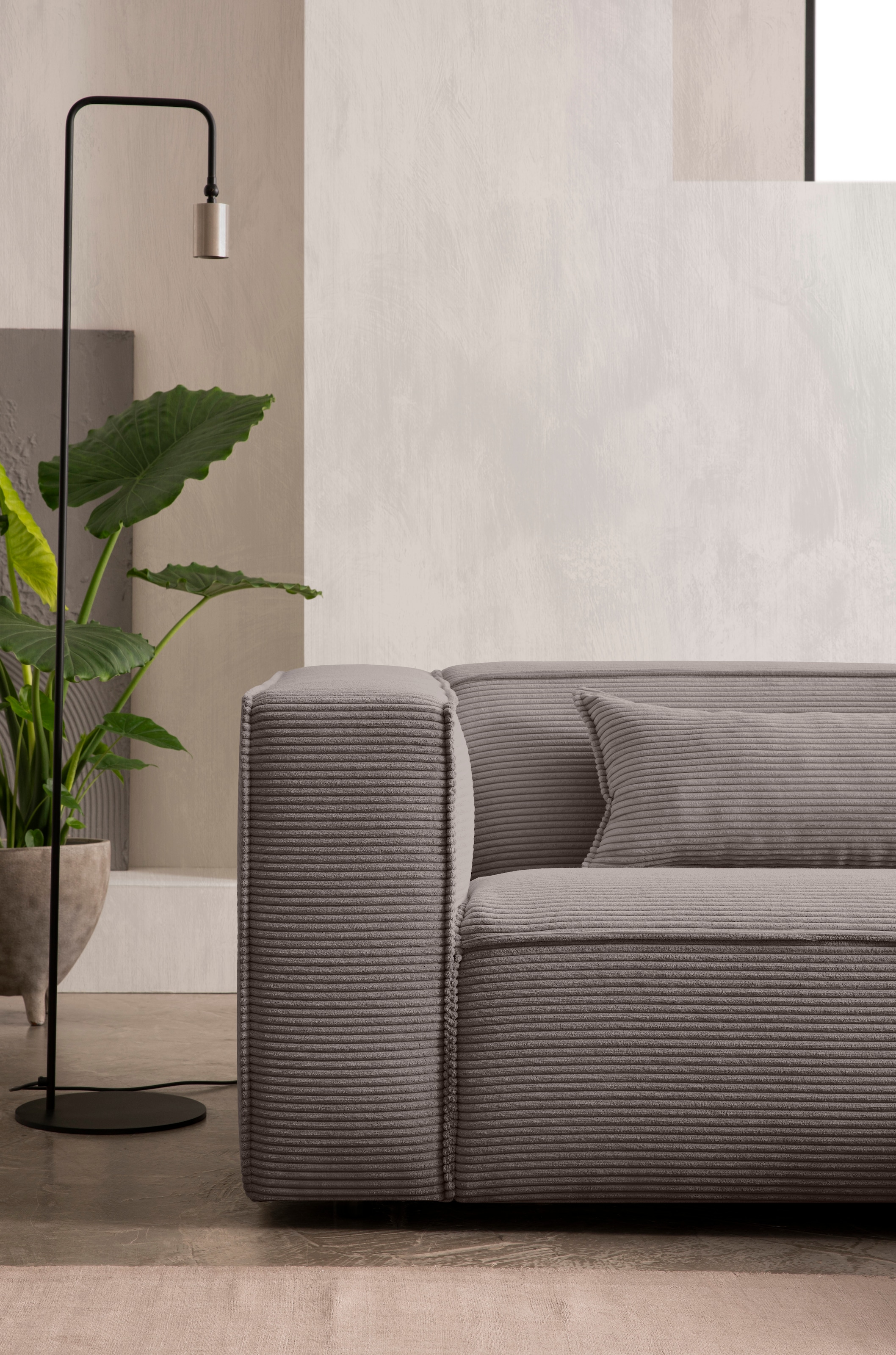 LeGer Home by Lena Gercke Ecksofa »PIARA mit Kedernaht in Cord oder Leinenoptik, moderne Couch in L-Form«, wahlweise Ottomane rechts/links, schwarze Füße, bequemer Sitzkomfort