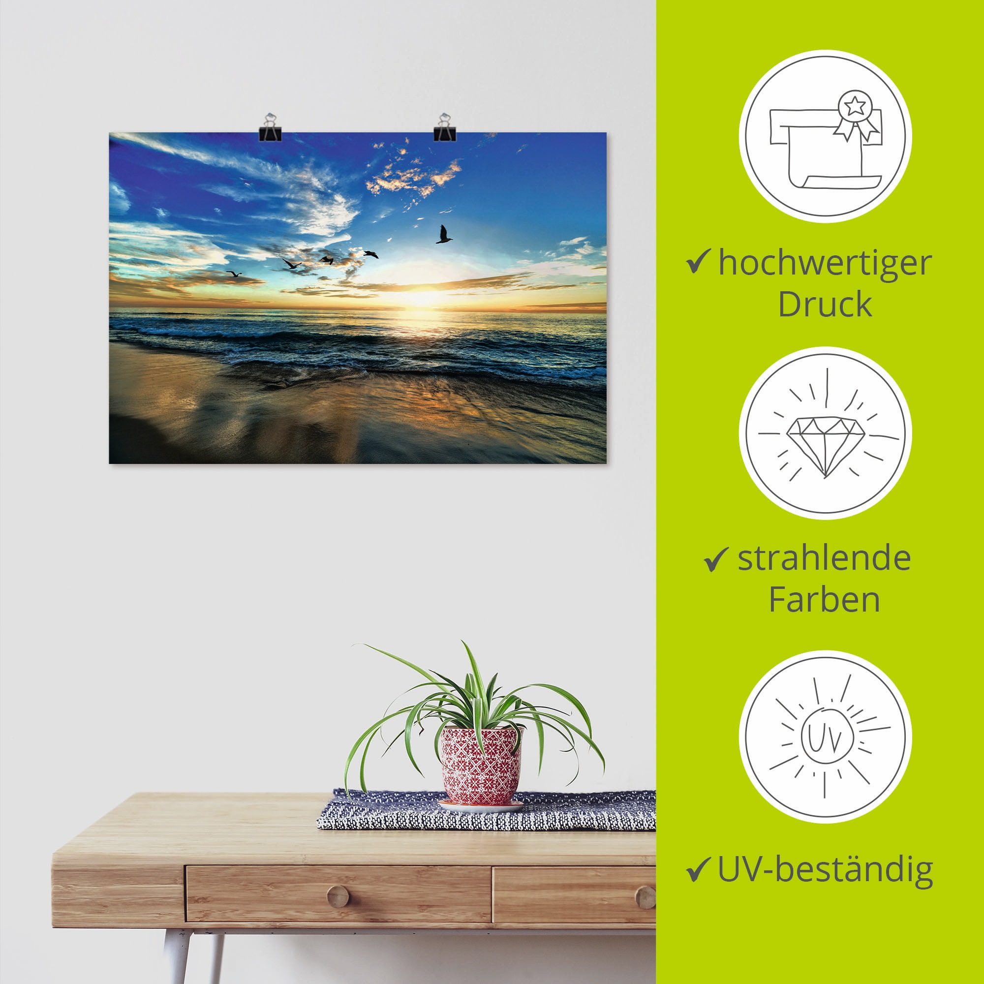 Artland Wandbild »Strand Möwen Meer Sonnenuntergang«, Sonnenaufgang & -untergang, (1 St.), als Alubild, Outdoorbild, Leinwandbild, Poster, Wandaufkleber