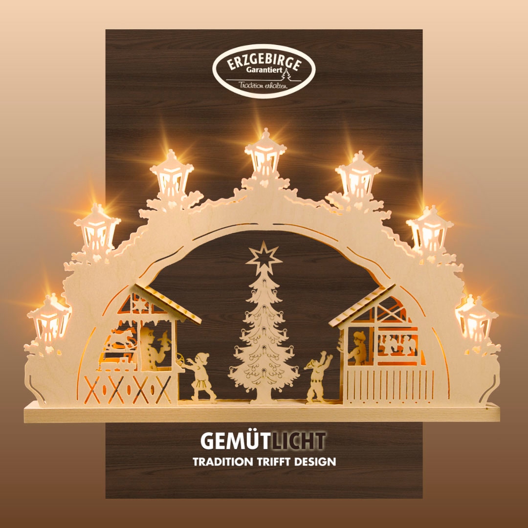 Weigla LED Schwibbogen »Weihnachtsmarkt, Lichterbogen aus Holz, NATUR«, Erzgebirge garantiert, Weihnachtsdeko Innen, Weihnachtsbeleuchtung