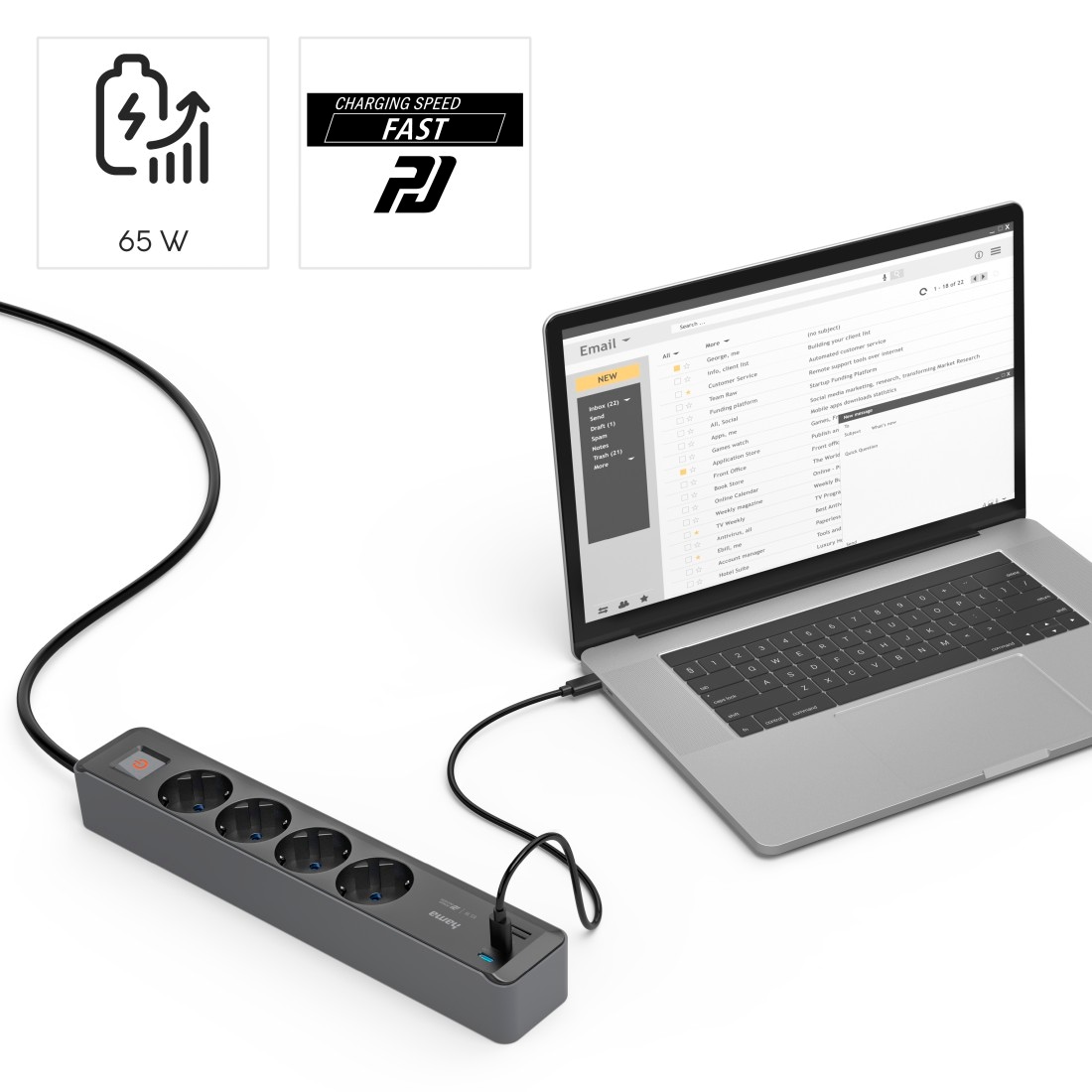 Hama Steckdosenleiste »7in1 Steckdosenleiste mit USB Netzteil 3fach, 65w Ladegerät, USB-C, PD«, 4-fach, (Ein- / Ausschalter-Schalterbeleuchtung-USB-Anschlüsse Schutzkontaktkupplung Kabellänge 1,4 m)