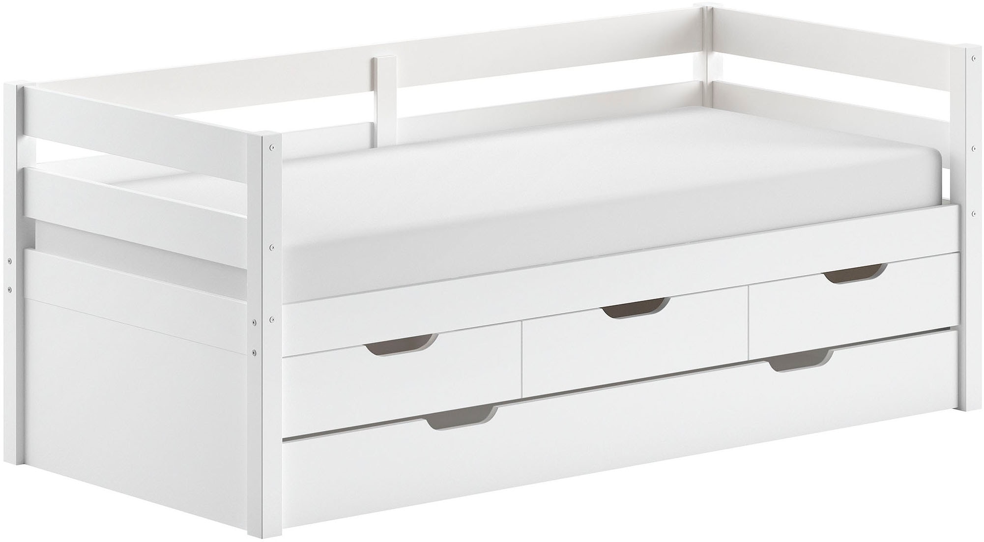 Vipack Funktionsbett »Margrit mit Bettschublade, in zeitlosem Design, universell einsetzbar« Liegefläche 90 x 200 cm, inkl. Rolllattenrost und seitlichem Umbau,  Massivholzbett mit 3 Schubladen, wahlweise in 2 Farben erhältlich