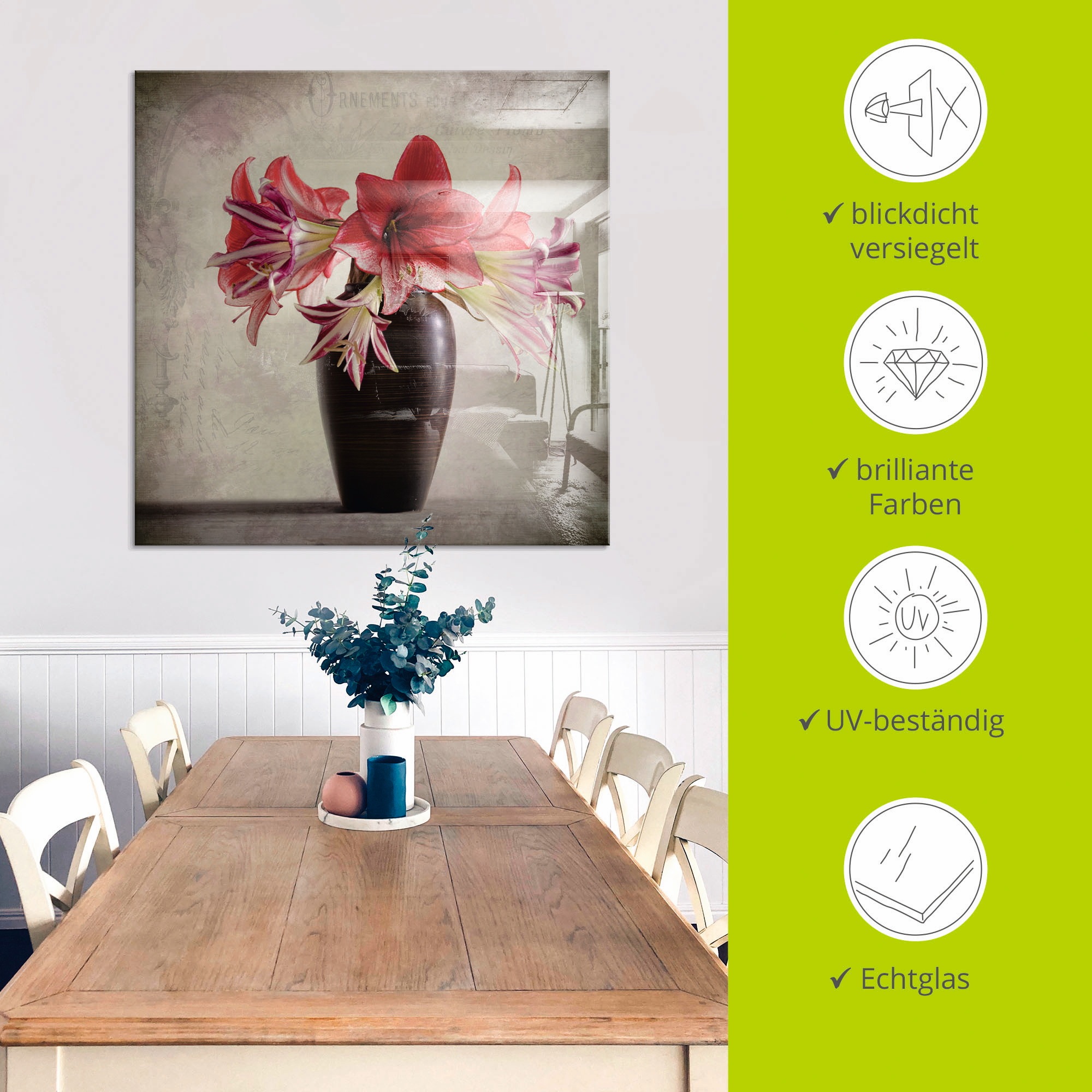 Artland Glasbild »Amaryllis Vintage II«, Blumen, (1 St.), in verschiedenen Größen
