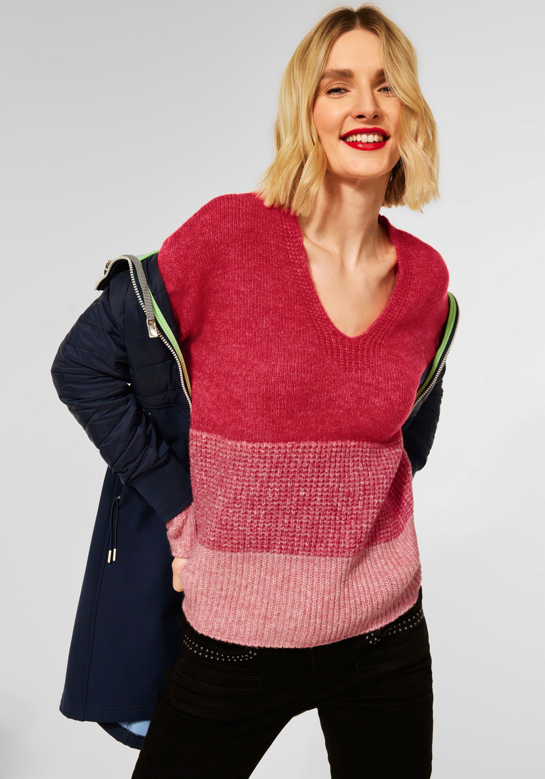 STREET ONE V-Ausschnitt-Pullover, im angesagten Colorblocking