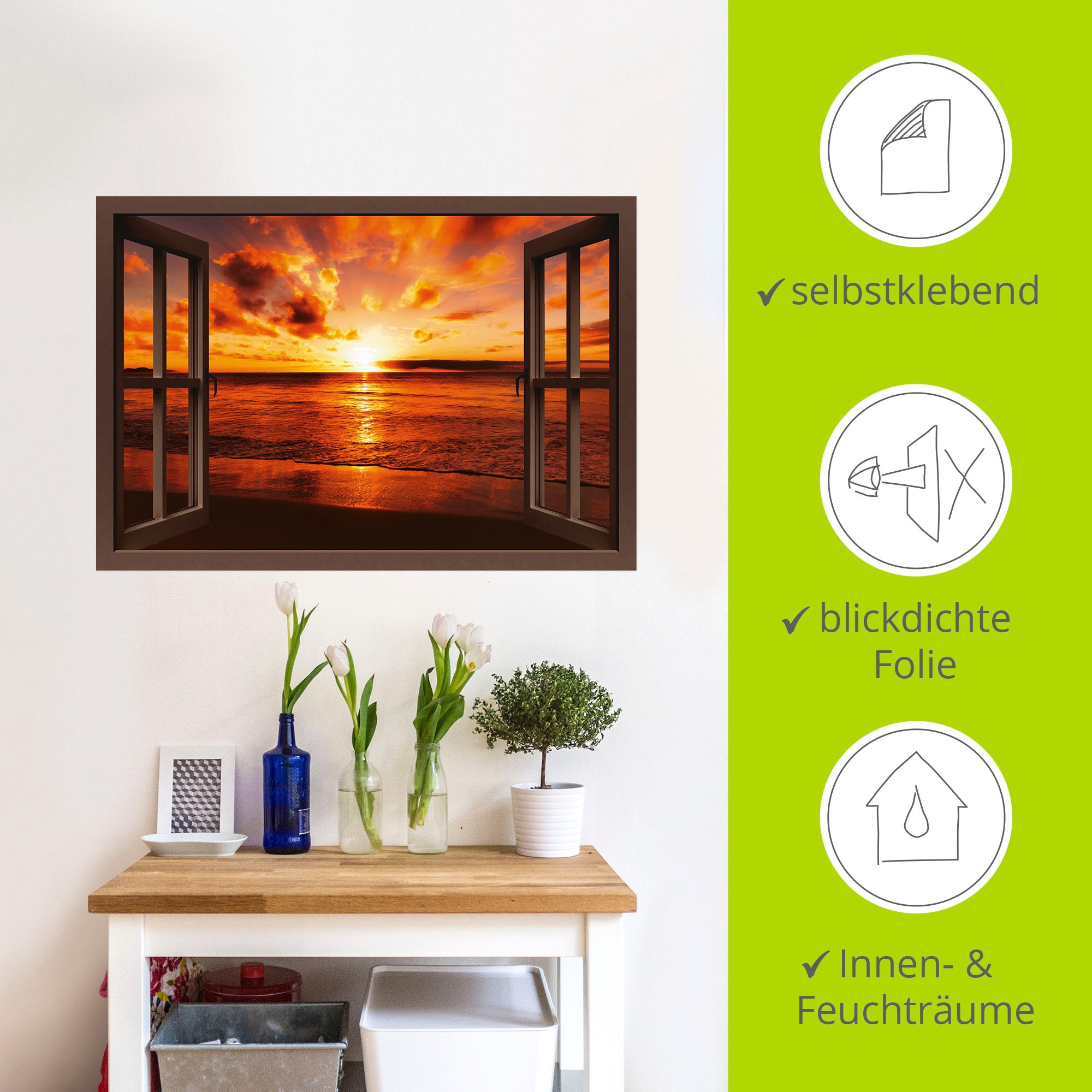 Artland Wandbild »Fensterblick Sonnenuntergang am Strand«, Fensterblick, (1 St.), als Leinwandbild, Poster, Wandaufkleber in verschied. Größen