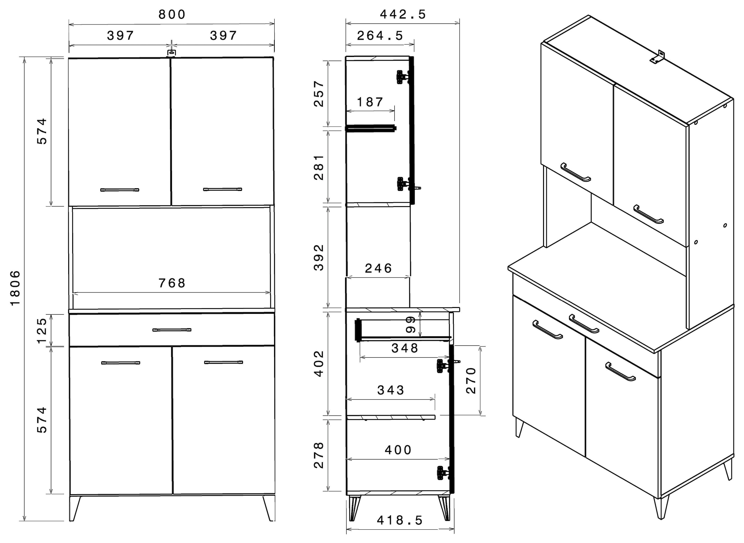 Parisot Mehrzweckschrank-Set, (2 St., Buffetschrank und Beistellschrank auf Rollen)
