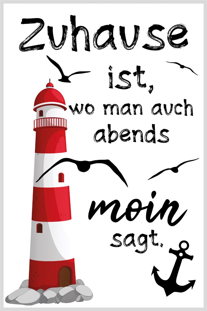 queence Metallbild »Moin«, Schriftzüge-Schriftzug-Leuchtturm-Küste, (1 St.), Stahlschilder