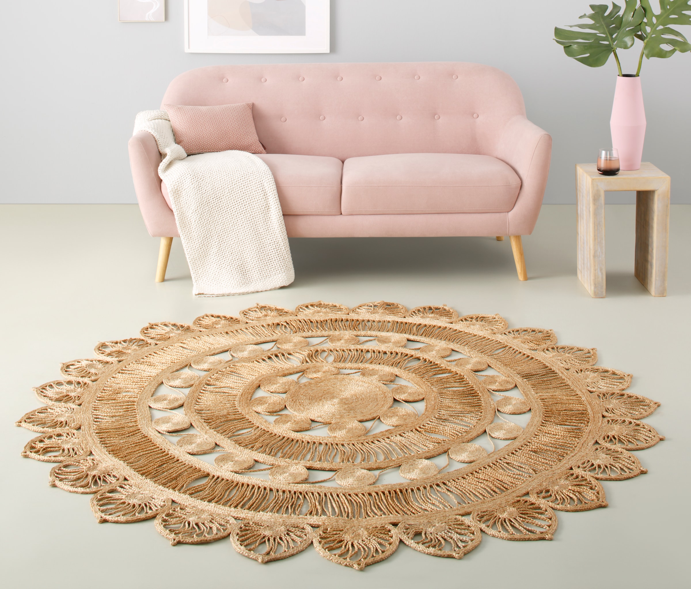 my home Teppich »Naturala, Jute-Teppich, handgefertigt«, rund, 5 mm Höhe, reines Naturprodukt, Jute, Boho, Wendeteppich, Wohnzimmer, Esszimmer