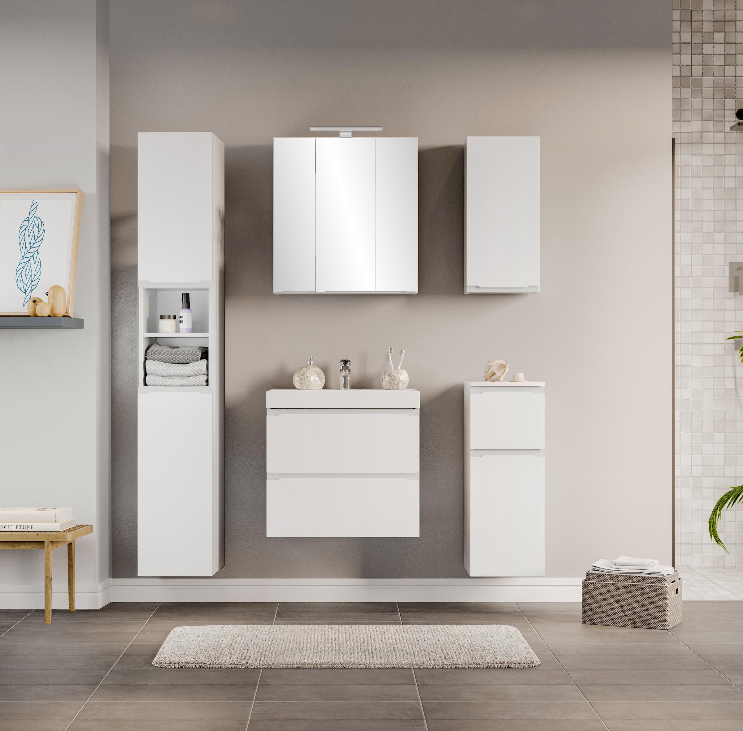 welltime Hochschrank »CABO, gedämpfte Scharniere« matt weiß, griffloses Design, reversibel