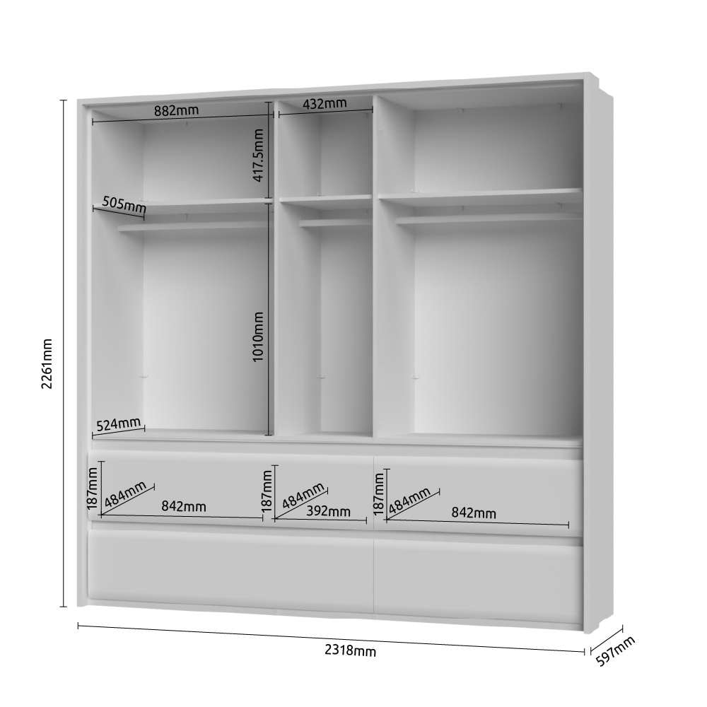 Places of Style Kleiderschrank »Invictus, UV lackiert, kratzfest, FSC-zertifiziert, grifflose Optik«, (abgerundete Schubladen aus MDF im Holzdekor, soft-close), mit Beleuchtung und Passpartourahmen, hoher Schrank (226cm), 6 Breiten