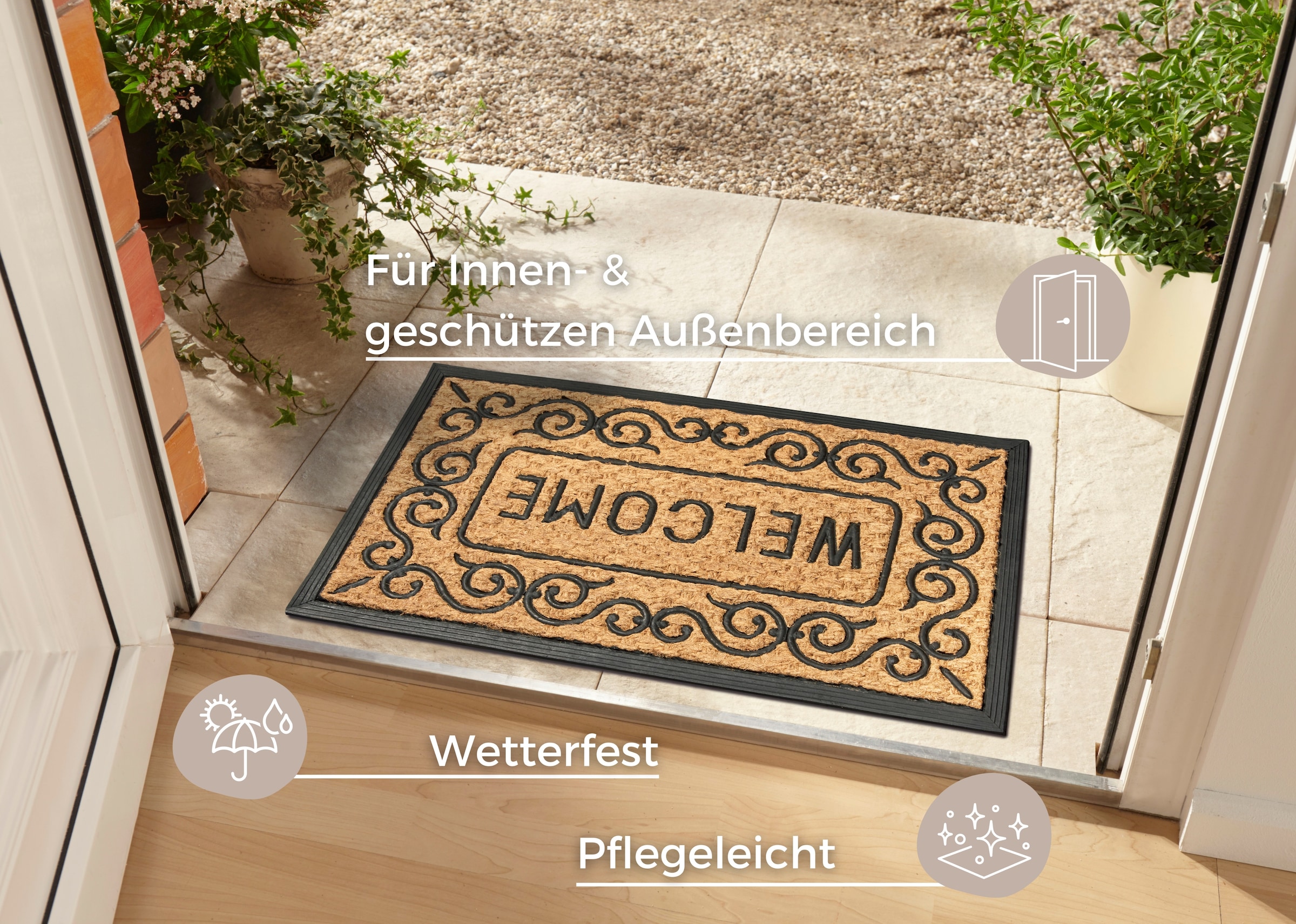 HANSE Home Fußmatte »Mix Mats Gummi-Kokos Welcome Floral Border, Türmatte«, rechteckig, 15 mm Höhe, Kokos, Gummi, Schmutzfangmatte, Outdoor, Rutschfest, Innen, Kokosmatte