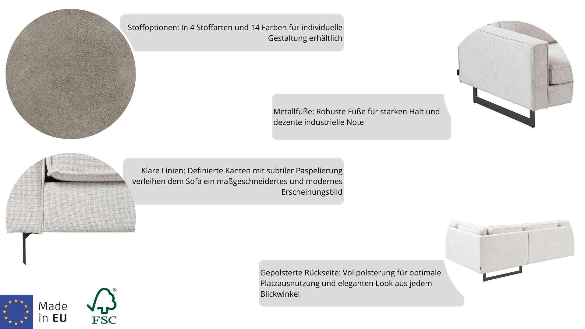 Places of Style Ecksofa »Pinto, 290 cm, Cord, Chenille, Lederoptik, Ottomane links / rechts«, mit Keder, schwarze Metallfüße, Wellenunterfederung