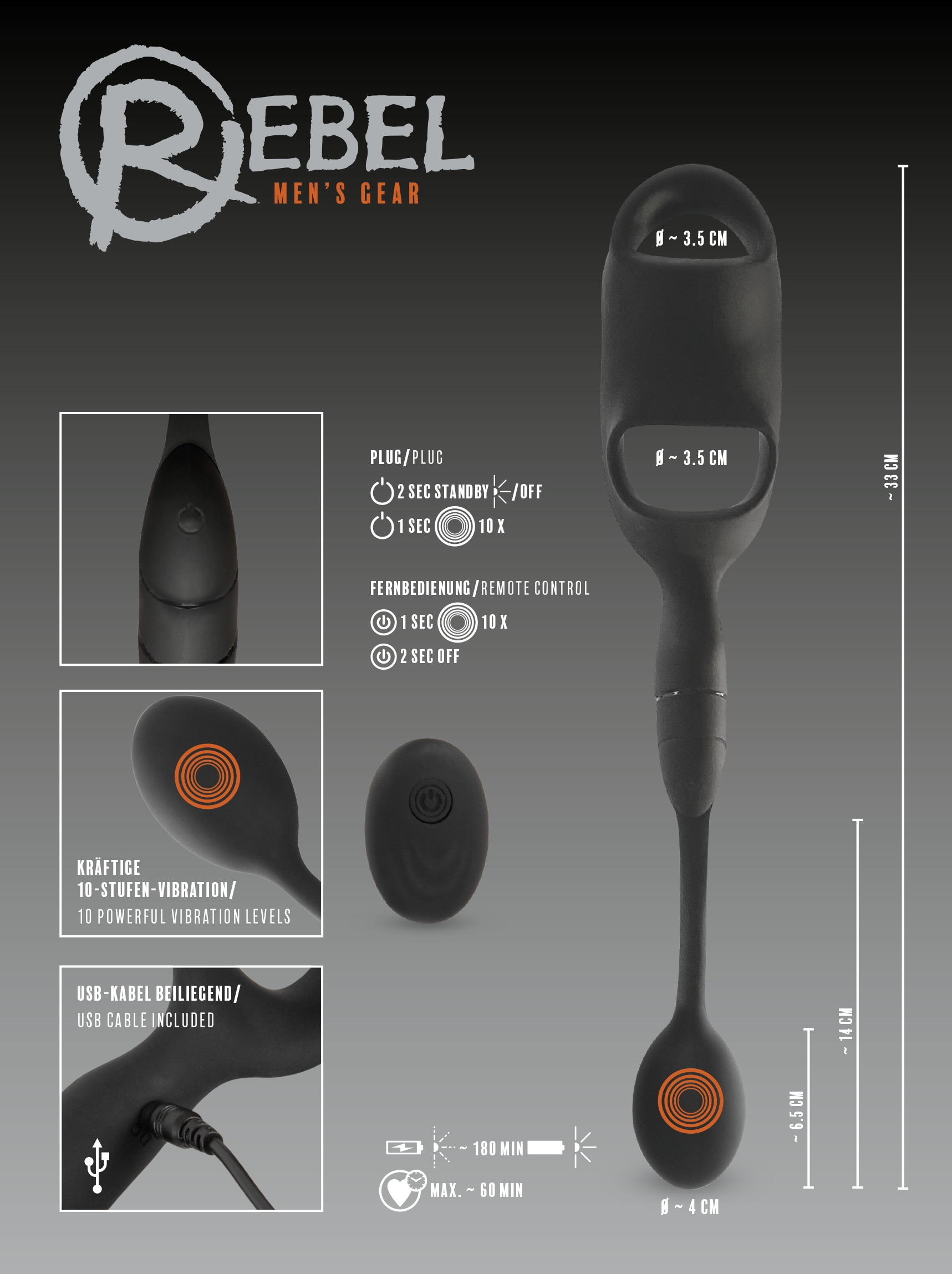 REBEL Anal-Stimulator »Analplug mit Hoden-/Penisring Cock Ring with RC Butt Plug« ()