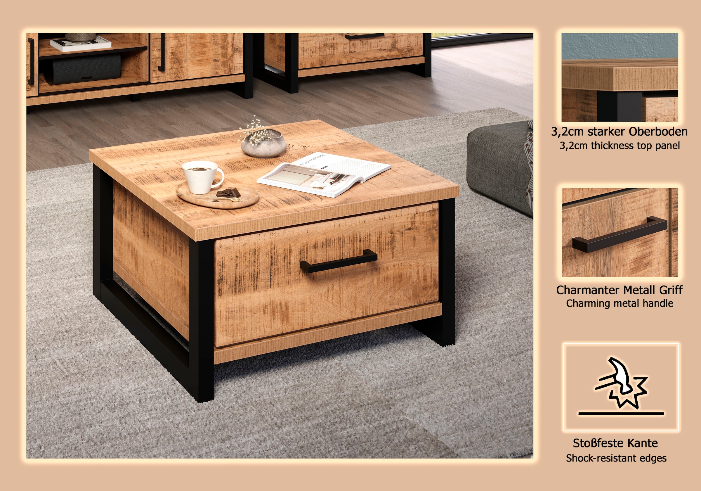 Home affaire Couchtisch »Elda« 1 Stk. tlg. Couchtisch mit 2 Vollauszug Schubladen – (B/T/H) 80/80/45 cm