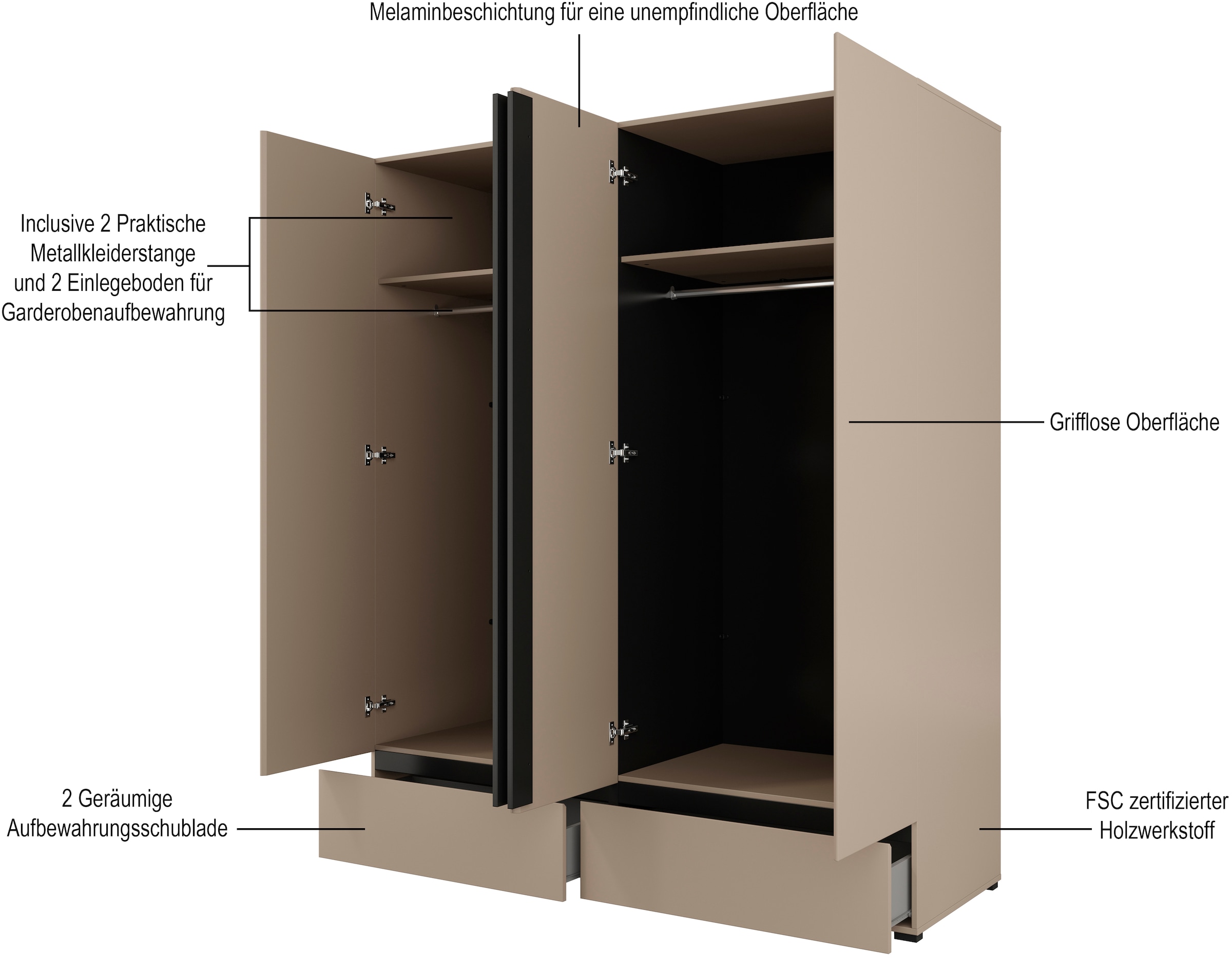 INOSIGN Drehtürenschrank »Cross, moderner griffloser Kleiderschrank«, Wäscheschrank mit Schublade, Garderobe, Türen