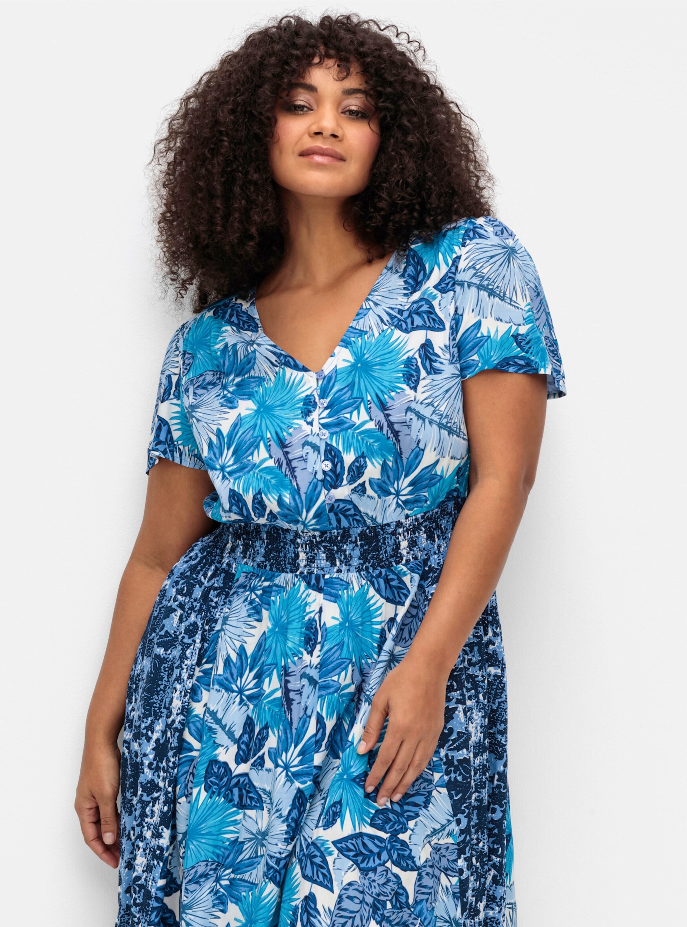 sheego by Joe Browns Jerseykleid »Kleid Druckkleid mit Smokbund in der Taille« Ohne Tasche im Mustermix, mit weitem Rock