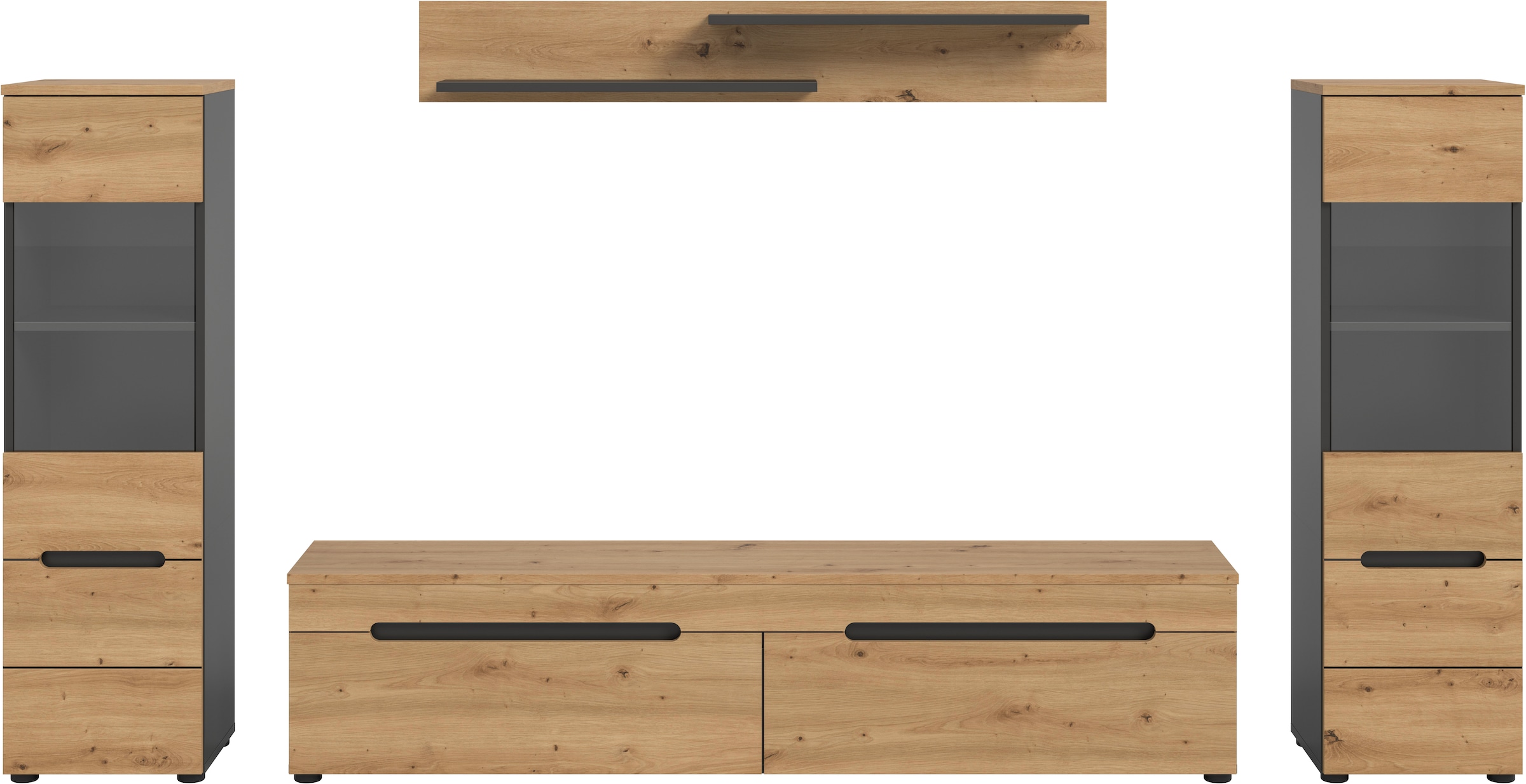 INOSIGN Wohnwand »REHAT, TOPSELLER!, 4-teilig, wahlweise stehend und hängend montierbar« Set bestehend aus: 2x Vitrine, Lowboard und Wandboard, 3 Stk. tlg.