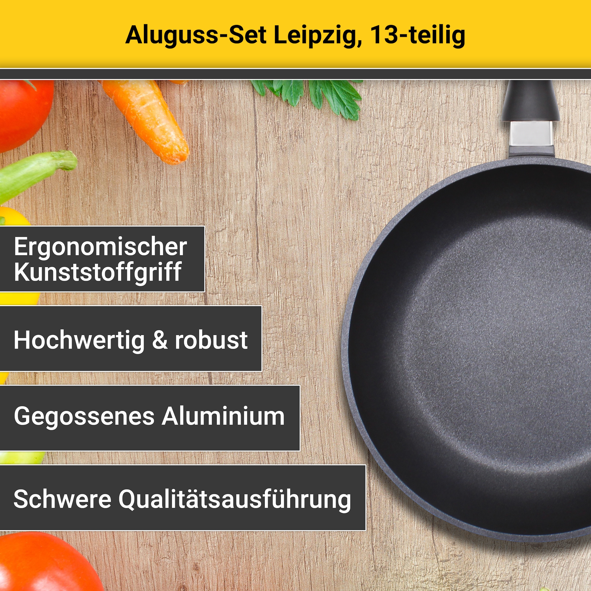 Krüger Pfannen-Set »Aluguss Topf- und Pfannenset LEIPZIG inkl. Küchenhelfern, 13 tlg.«, Aluminiumguss, (Set, 13 tlg., je 1x Bratpfanne Ø 24/28 cm, je 1x Kochtopf Ø 20/24 cm), inkl. 7-tlg. Küchenhelfer-Set