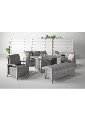 Gartenlounge-Set »Montgomery«, (Set, 5 tlg., 1x3erBank, 2x Sessel, 1x Sitzbank, 1x...