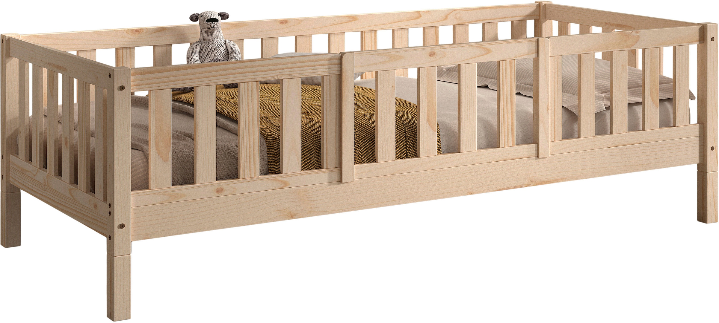 Vipack Kinderbett »Dallas, massiv Bett, Rausfallschutz, umbaubar vom Boden- zum Daybett« inkl. Rolllattenrost und Sprossenumrandung, 90 oder 140x200 cm breit,  stabil und standfest gebaut, wahlweise Kiefer massiv natur oder weiß