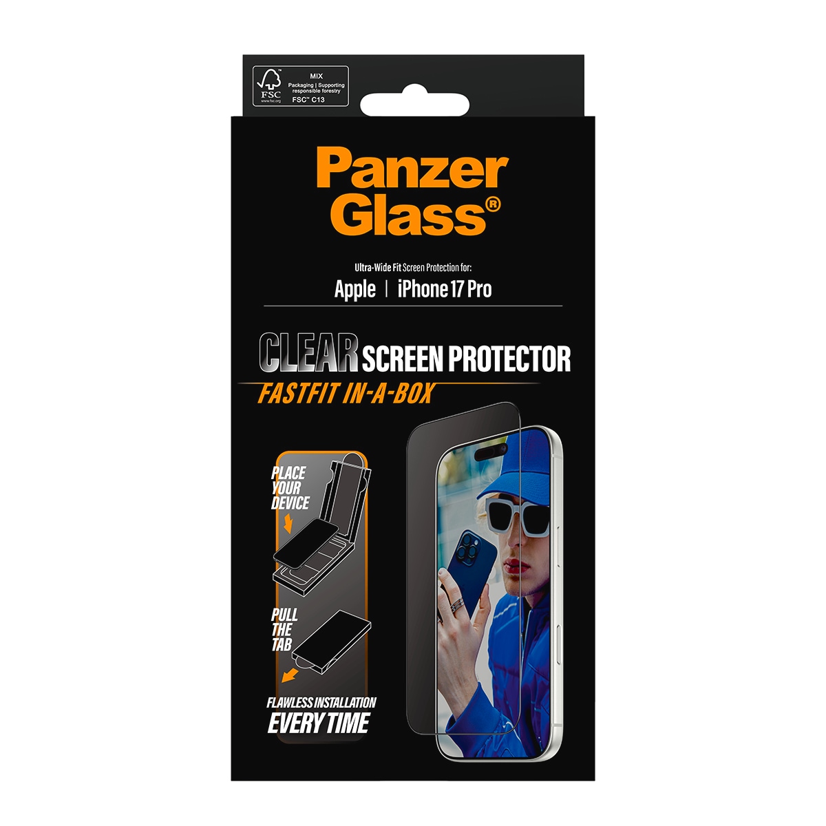 CARE by PanzerGlass Displayschutzglas »Ultra-Wide Fit Screen Protector FASTFIT IN-A-BOX« für Apple iPhone 17 Pro Displayschutzfolie, Schutzfolie, Bildschirmschutz, kratz- & stoßfest