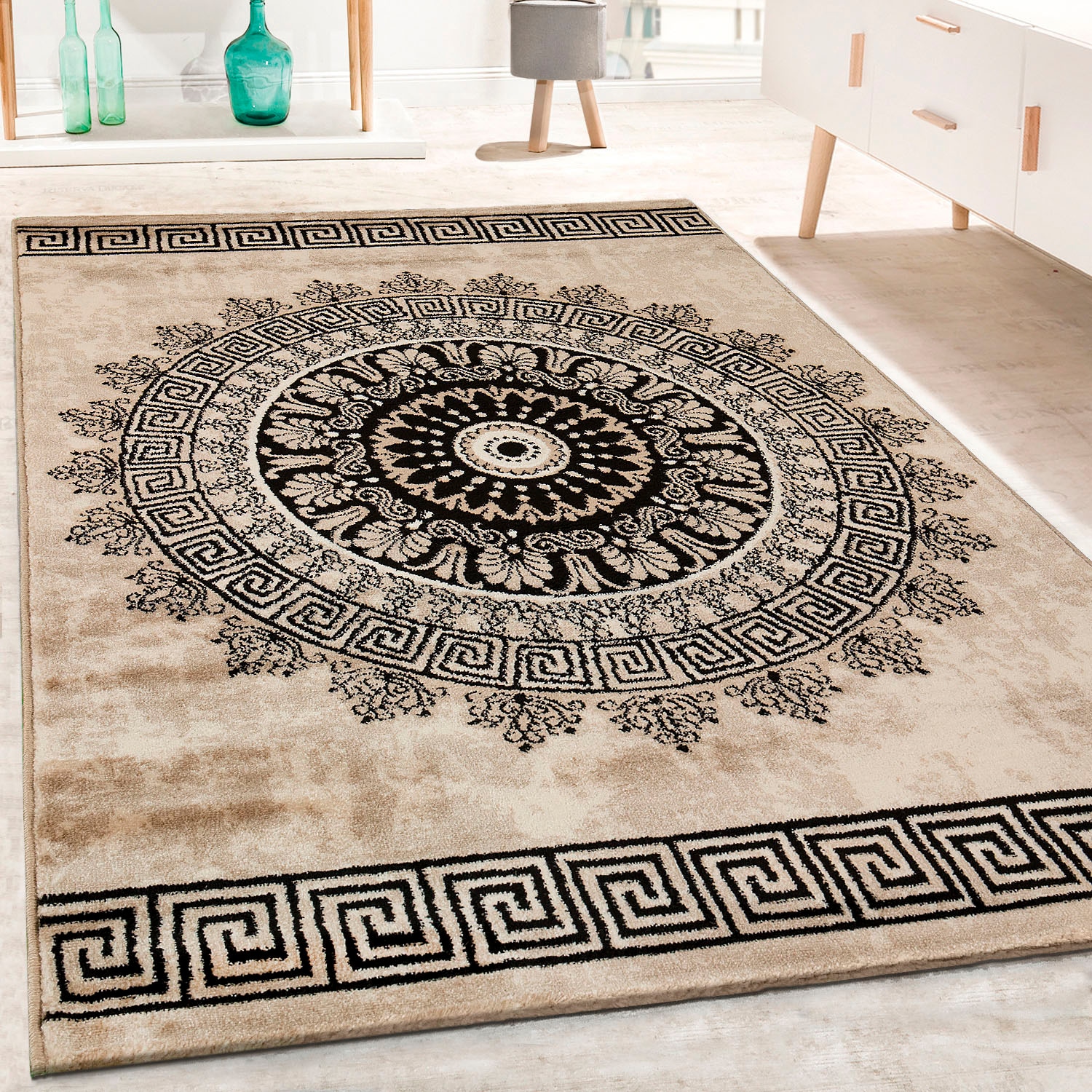 Paco Home Teppich »Tibesti 081«, rechteckig, 15 mm Höhe, Kurzflor, Mandala Muster in dezenten Farbtönen