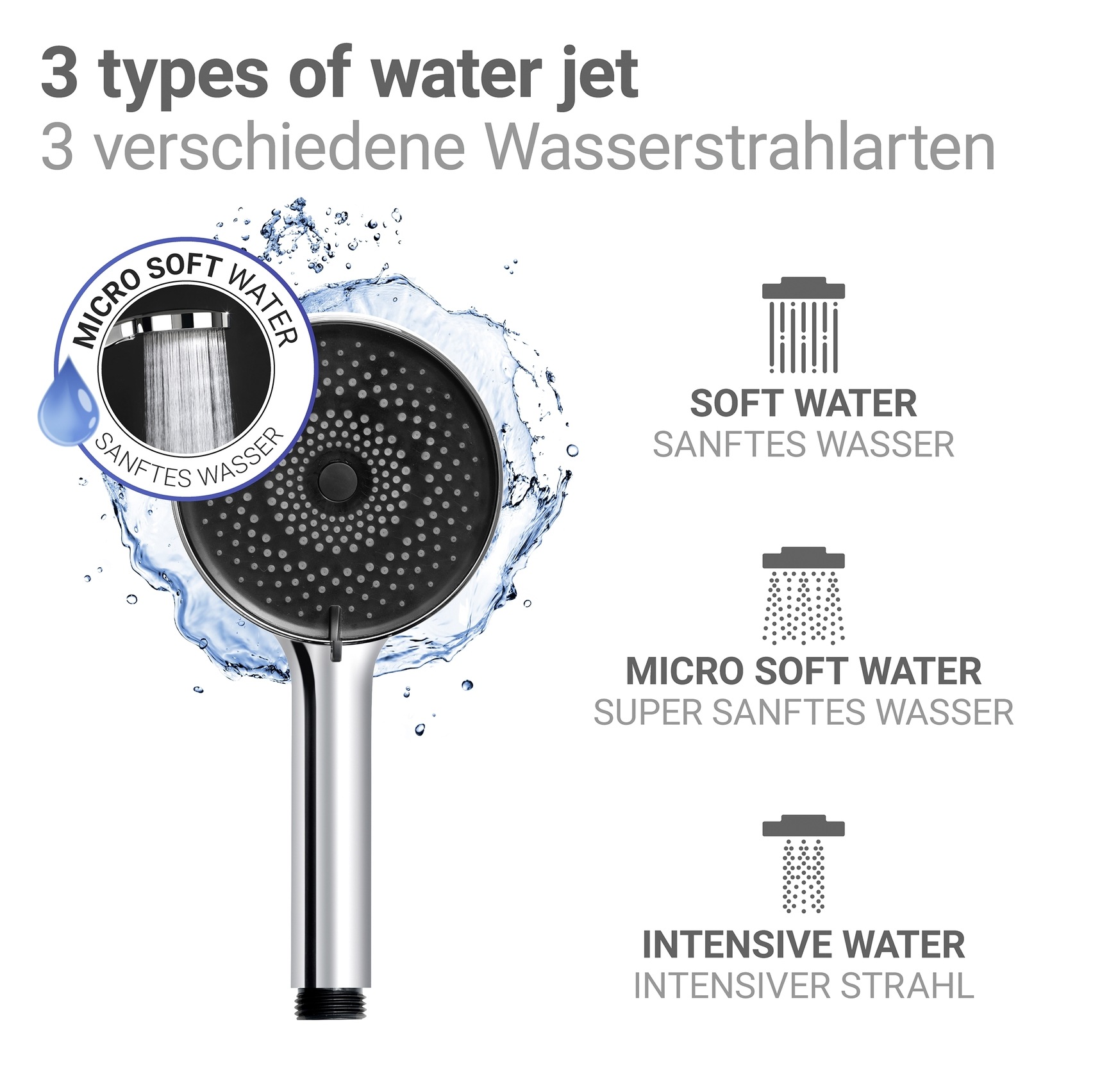 WENKO Handbrause »Softwater« Duschkopf mit 3 Strahlarten, Ø 12 cm, mikrofeine Düsen, sanftes Wasser