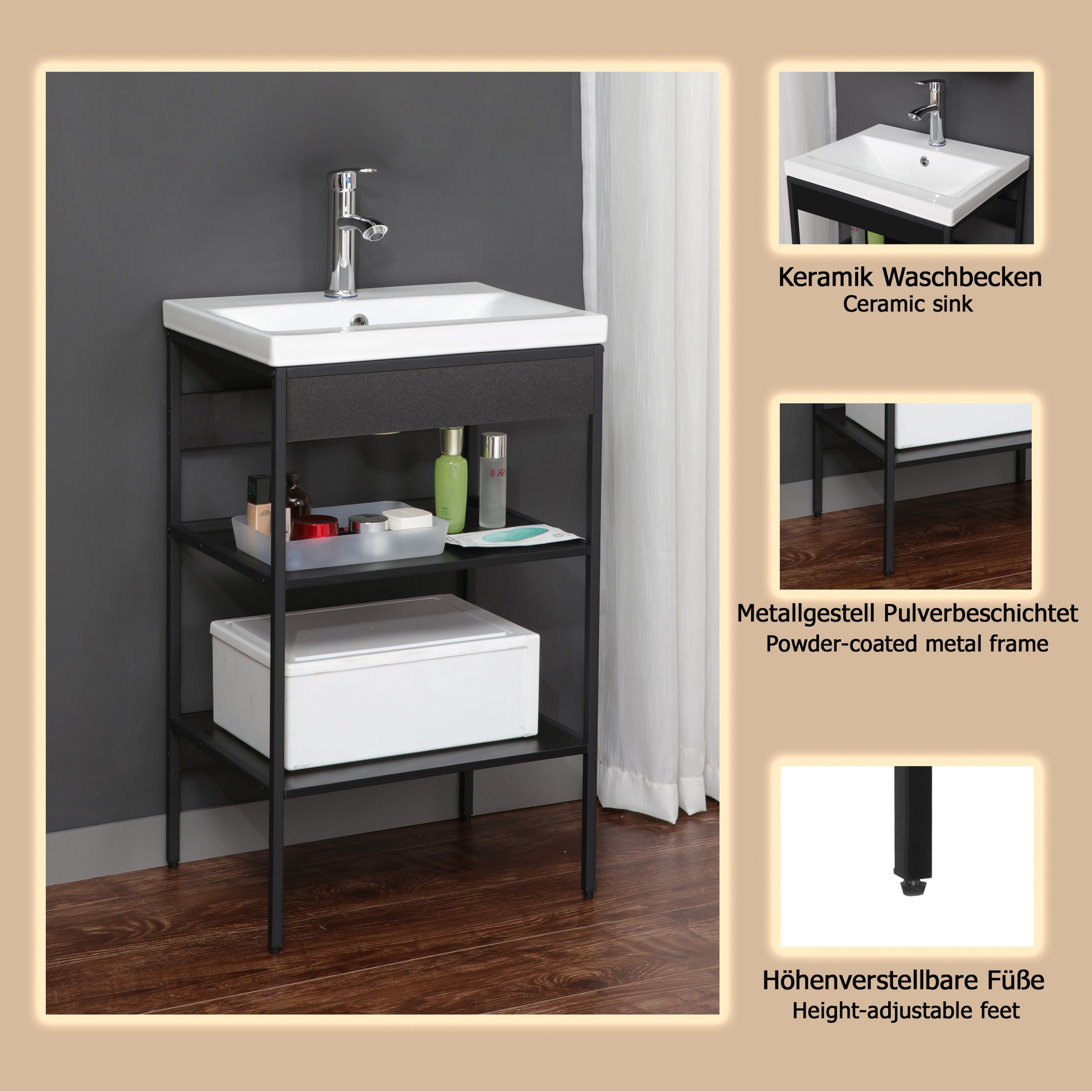 welltime Waschbeckenunterschrank »Lodi«, (2 St.), Waschbeckenregal mit Metallrahmen - (B/T/H) 52 / 40 / 83 cm