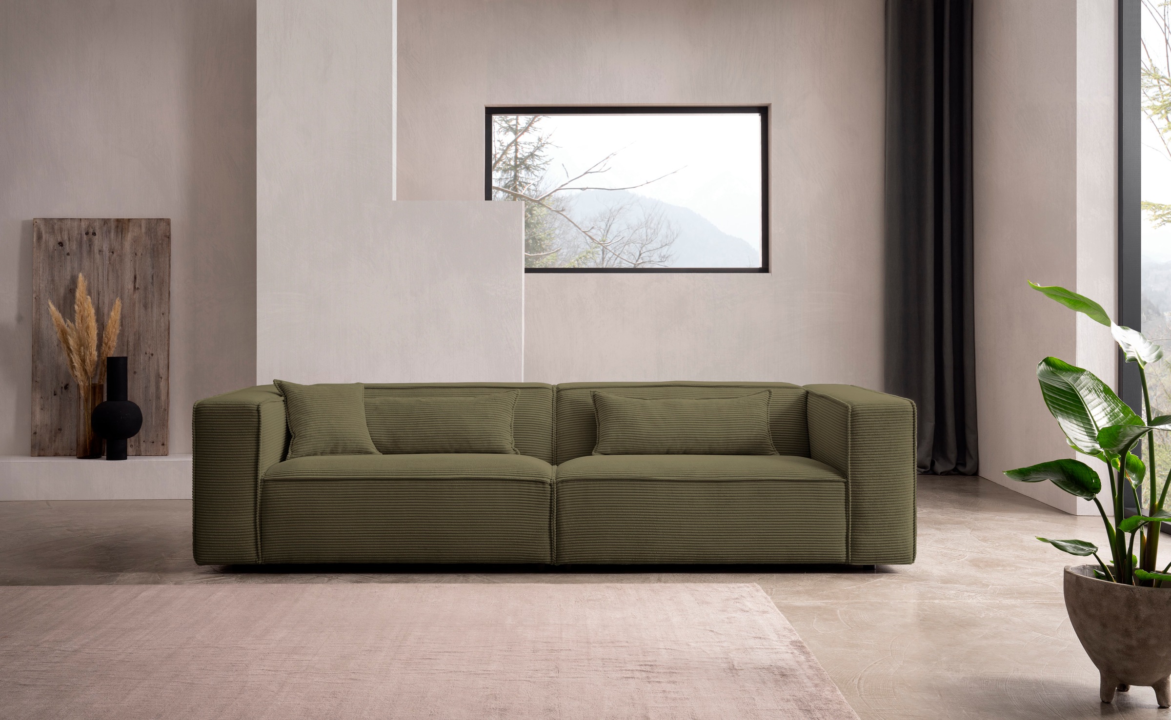 LeGer Home by Lena Gercke 3-Sitzer »PIARA, Couch mit Kedernaht, Sofa in Cord oder Leinenoptik«, schwarze Füße, bequemer Sitzkomfort