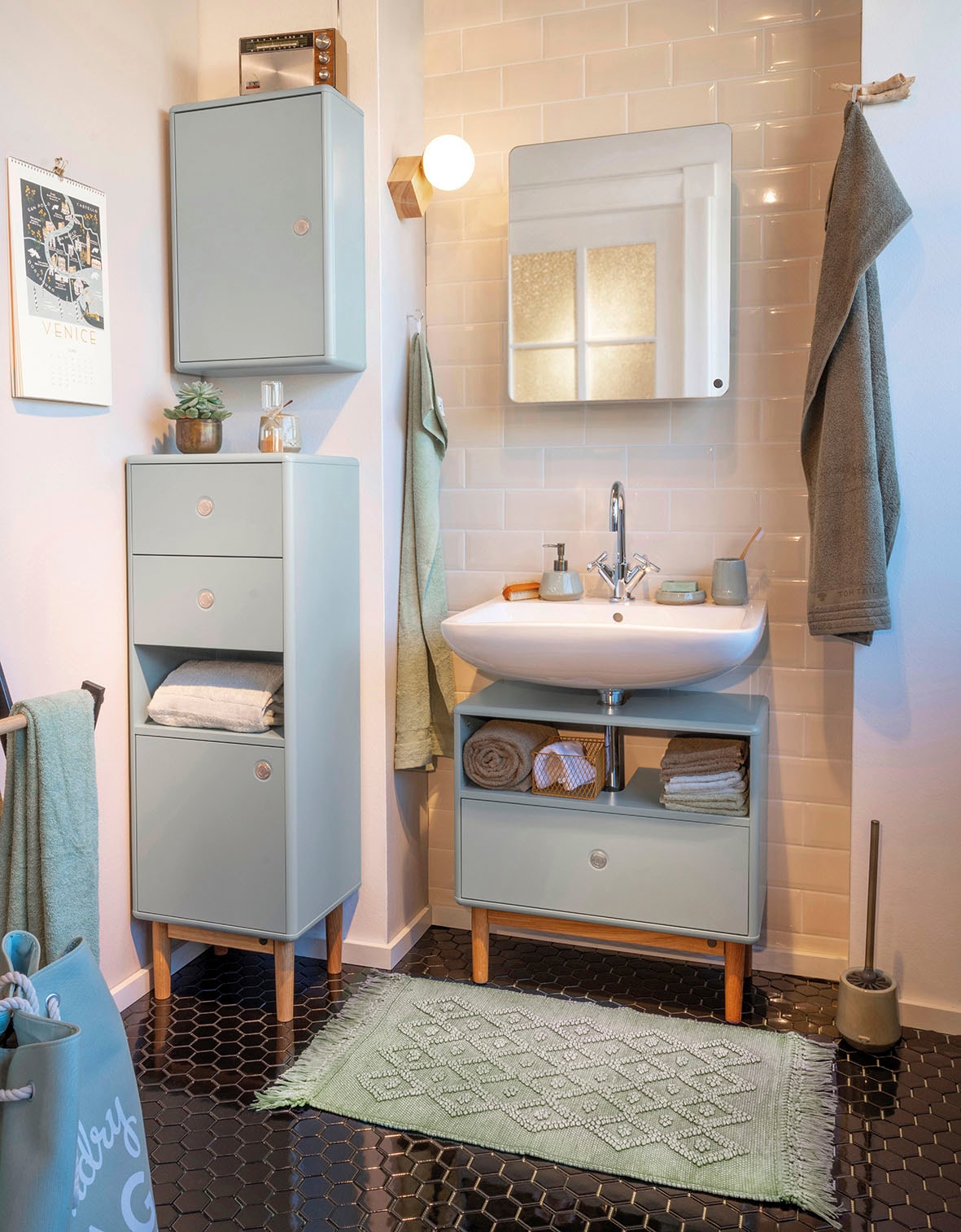 TOM TAILOR HOME Badematte »Vintage Wash«, fußbodenheizungsgeeignet, Badteppich, Uni Farben, Rauten Muster, mit Fransen, reine Baumwolle