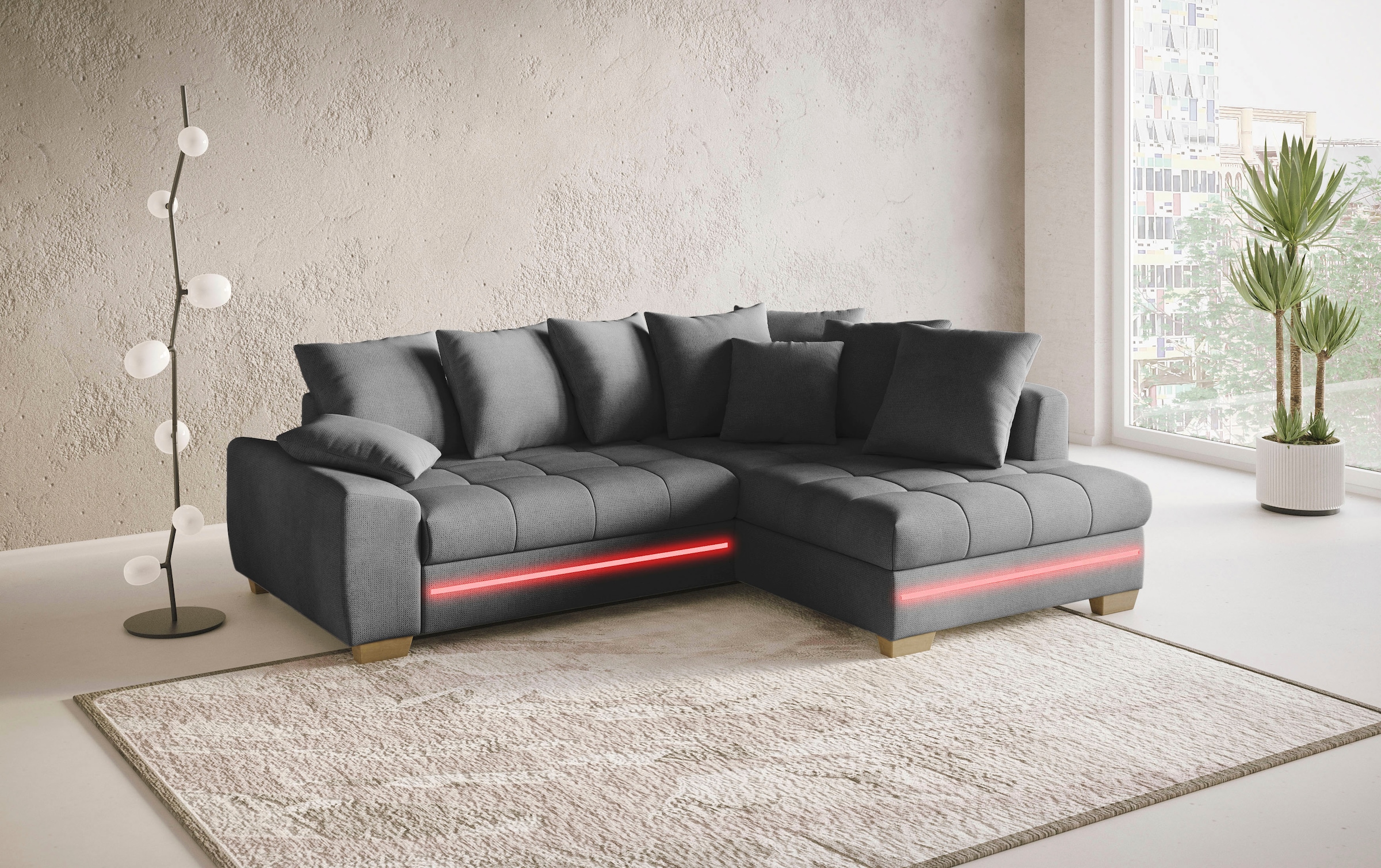 Mr. Couch Ecksofa »Nikita II, L-Form« mit RGB-LED Beleuchtung, wahlweise mit Bett, Bettkasten, Kaltschaum