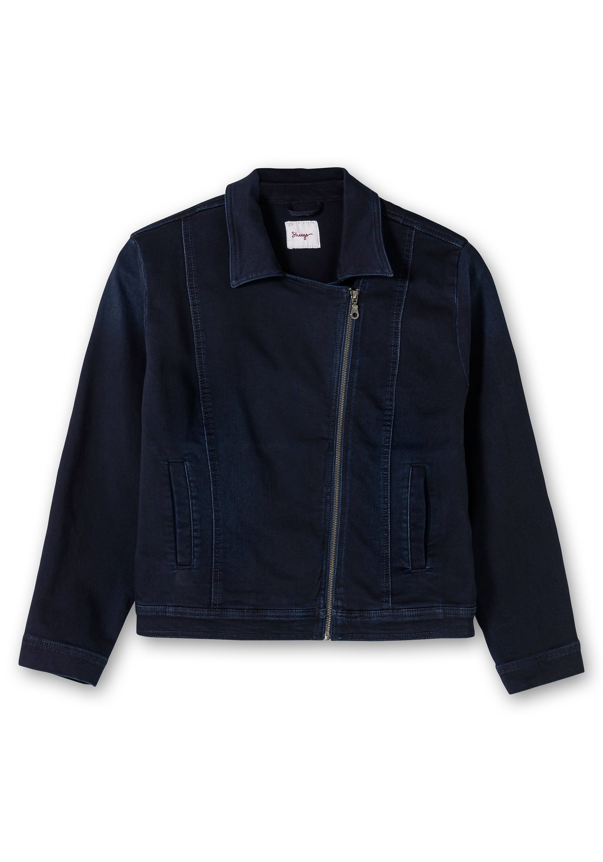 Sheego Jeansjacke »Jeansjacke im Bikerstil, aus Sweatdenim«, ohne Kapuze, im Bikerstil, aus Sweatdenim