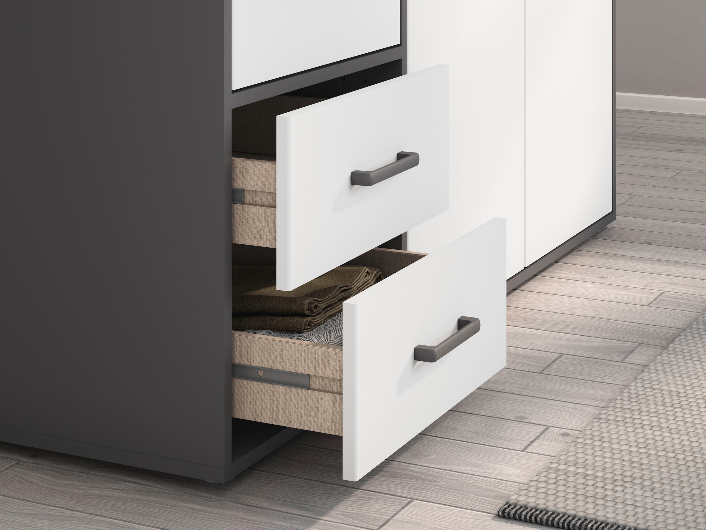 rauch Drehtürenschrank »Kleiderschrank Schrank Garderobe Wäscheschrank VOYAGER« in 3 verschiedenen Ausstattungen BASIC/CLASSIC/PREMIUM,  mit modernen Griffen in Graumetallic, inkl. Schubkästen und Spiegel