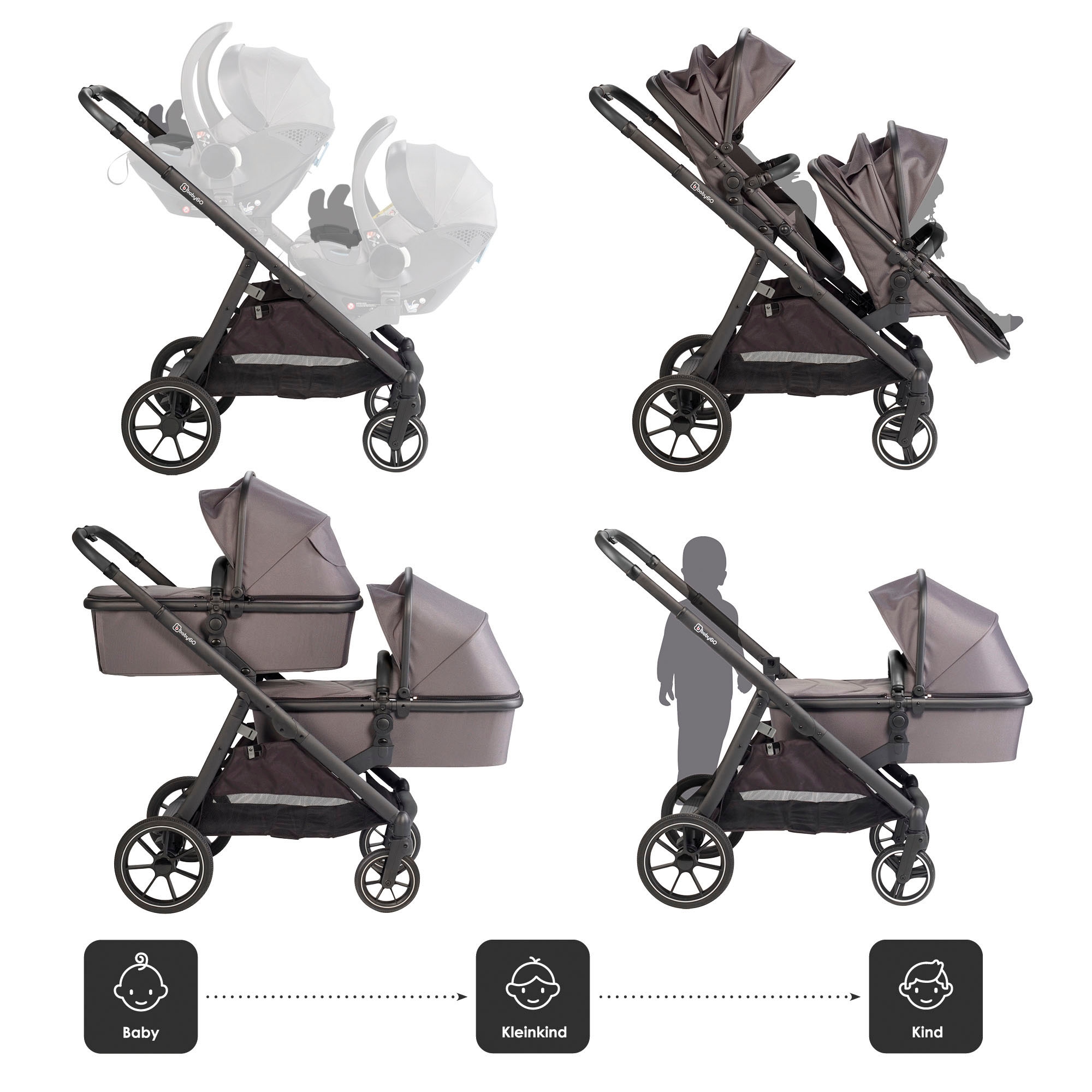 BabyGo Zwillings-Kombikinderwagen »Duo, grau« inkl. Wickeltasche u. 2 Regenhauben