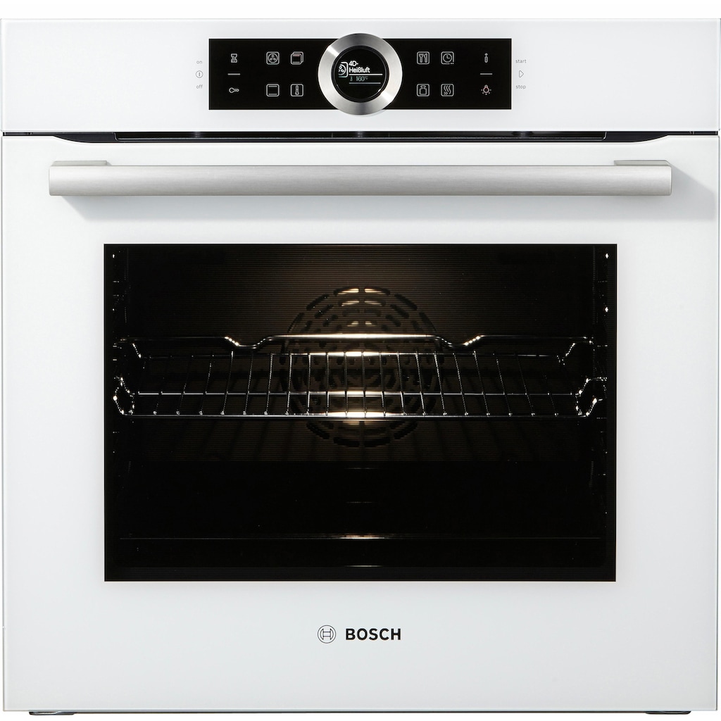 BOSCH Einbaubackofen »HBG635B«, Serie 8, mit Teleskopauszug nachrüstbar, ecoClean Direct, 4D-Heißluft-Eco-Ober-/Unterhitze Eco-Umluft-Infra-Grill-Großflächen-/Kleinflächengrill-Pizzastufe-Sanftgaren-Vorwärmen-Warmhalten-Auftaustufe, mit Pizzastufe