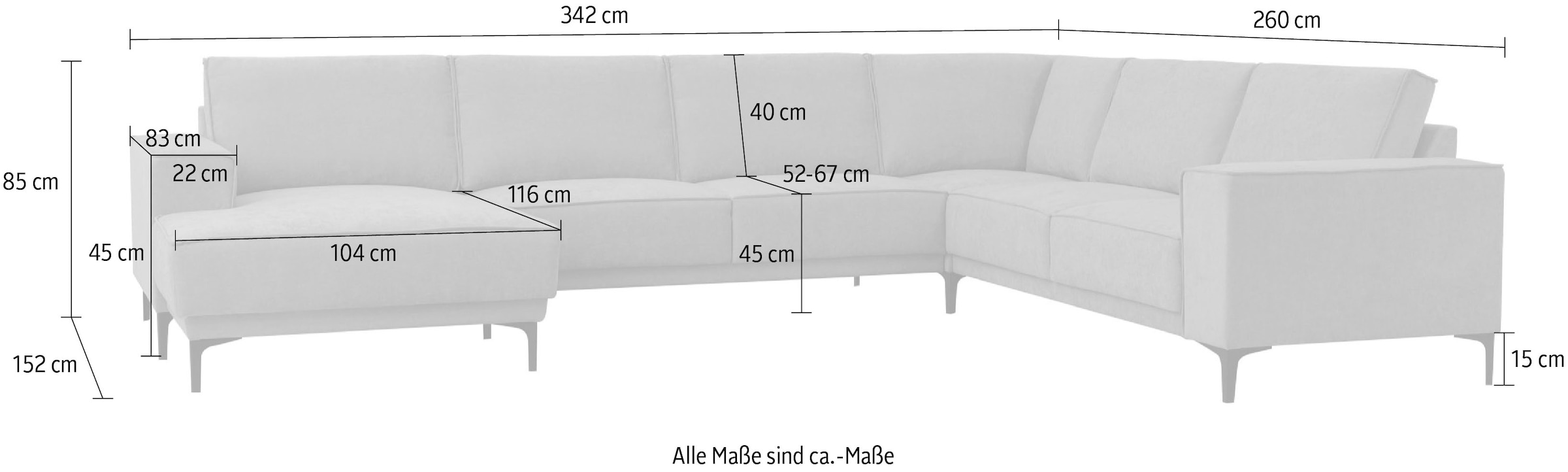 Places of Style Wohnlandschaft »XXL Sofa Oland, Struktur, Flachgewebe, Luxus-Microfaser, Boucle«, U-Form, 342 cm, Wellenunterfederung, Skandi-Design, Metallfüße