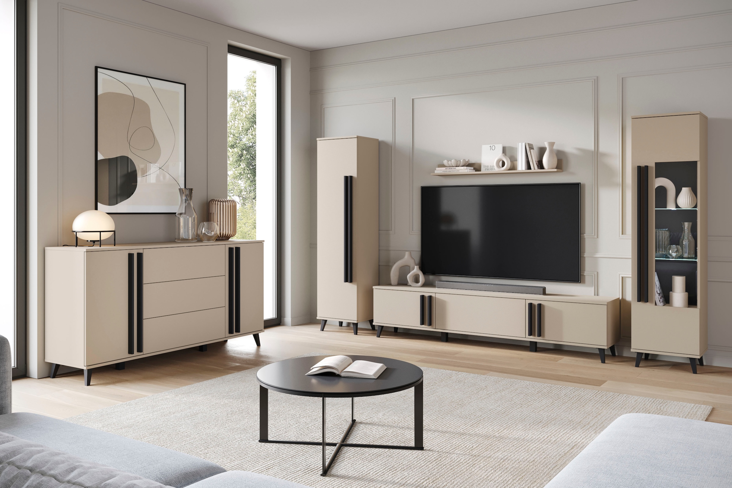 INOSIGN Wohnwand »Helsinki, Modernes Set mit verglaster Vitrine«, (Komplett-Set, 4 St.), mit lamellengriffen, verstellbaren Einlegeböden und Kunststofffüßen